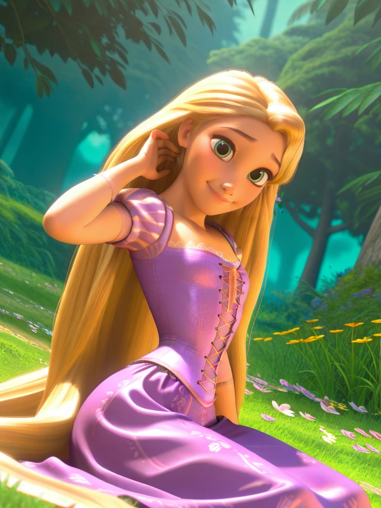 (screencap:1.2), realistic, 3d, cartoon,
1girl, (RapunzelXL:1.1), purple dress, very long hair, green eyes, blonde hair, puffy sleeves, short sleeves, corset, flat chest, narrow waist, wide hips,
smile, happy, dutch angle, cute pose, looking at viewer, nature, grass, flowers around, dynamic pose, cowboy shot, sitting on floor, one hand on hair,, from side,
<lora:RapunzelXL_character-12:1>