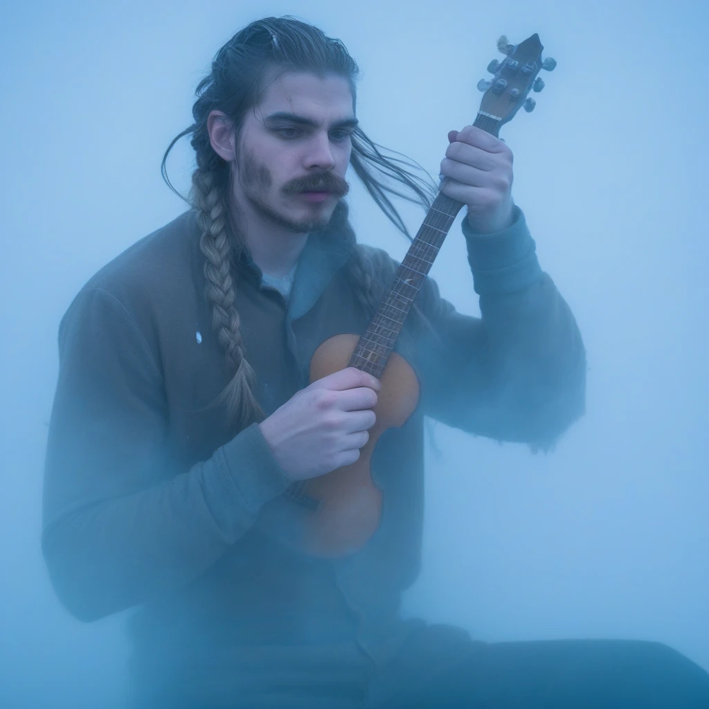 facial hair, motor vehicle, twin braids, mug, upper body, long hair, ice, playing instrument, fog