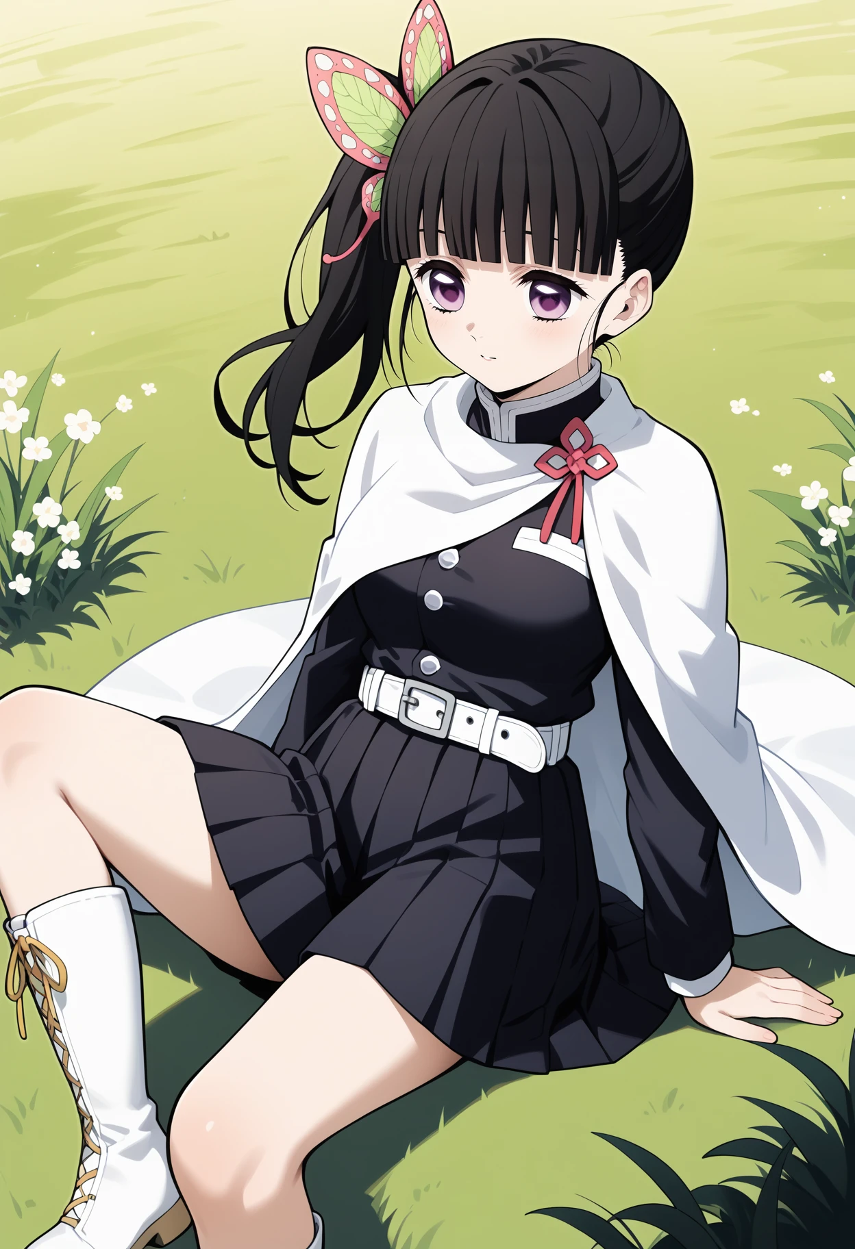 score_9, score_8_up, score_7_up, score_6_up, score_5_up, score_4_up, source_anime, aakanao, long hair, black hair, side ponytail, hair ornament, purple eyes, breasts, white cape, black shirt, long sleeves, white belt, pleated skirt, black skirt, <lora:tsuyuri_kanao_ponyxl_v1:0.9>, field, grass, sitting, on floor, lace-up boots, white footwear,