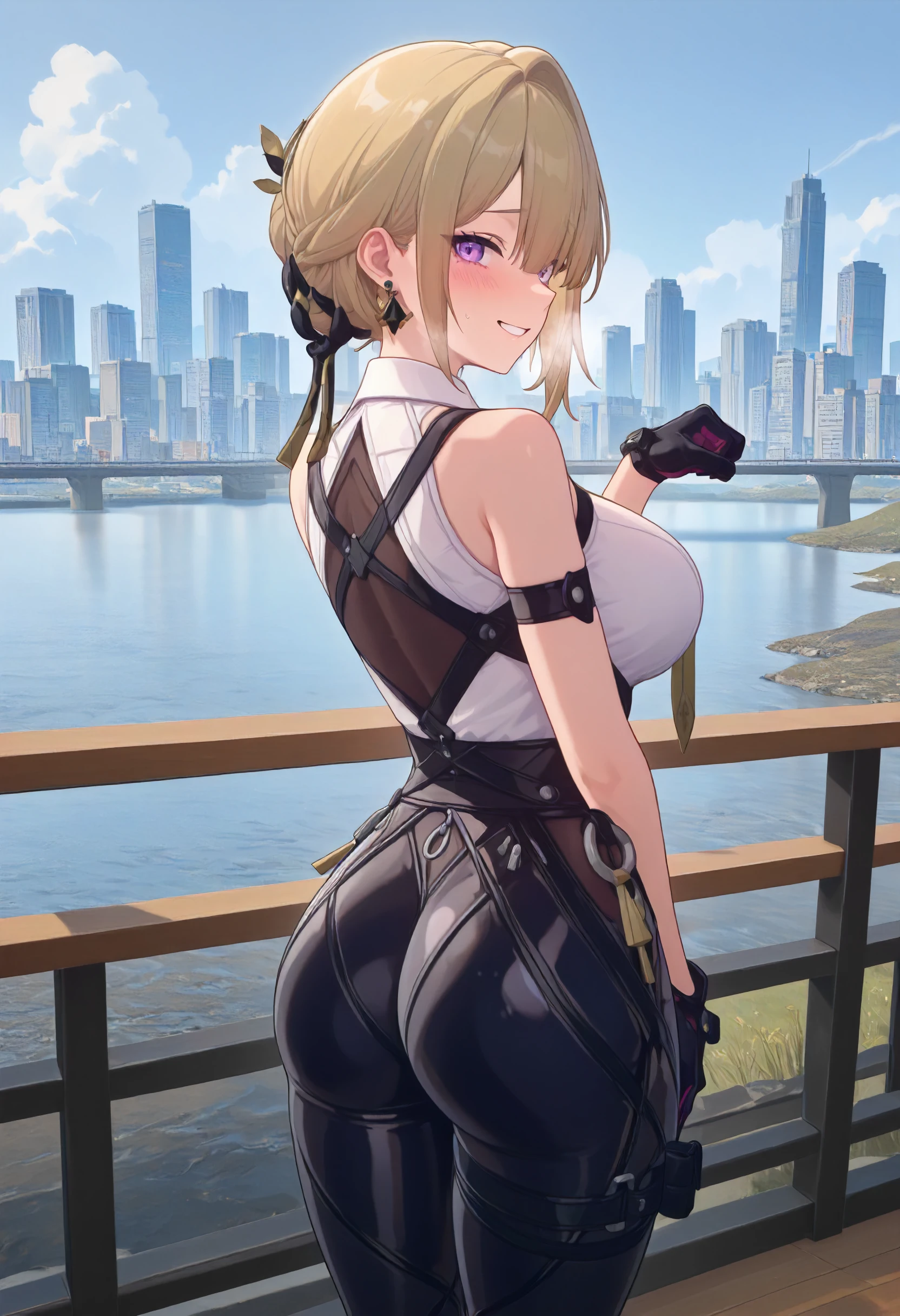 girl, the debt, furry, queue not so long, happy, on the street, during the day, natural lights, Tight neckline, mini skirt, (back view)