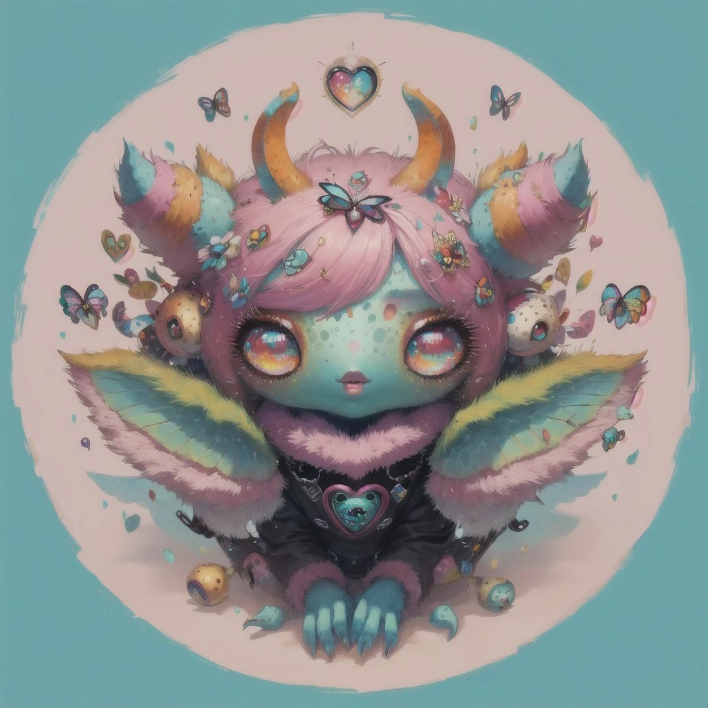 (masterpiece, top quality, best quality, official art, beautiful and aesthetic:1.2), W31RDD0LL, an acrylic painting of a creature, cyan skin, two eyes, two ocelli, cyan freckles, pink lips, ram horns, pink hair, petting a dragon, bodysuit, colorful, butterflies <lora:W31RDD0LL:1.0>