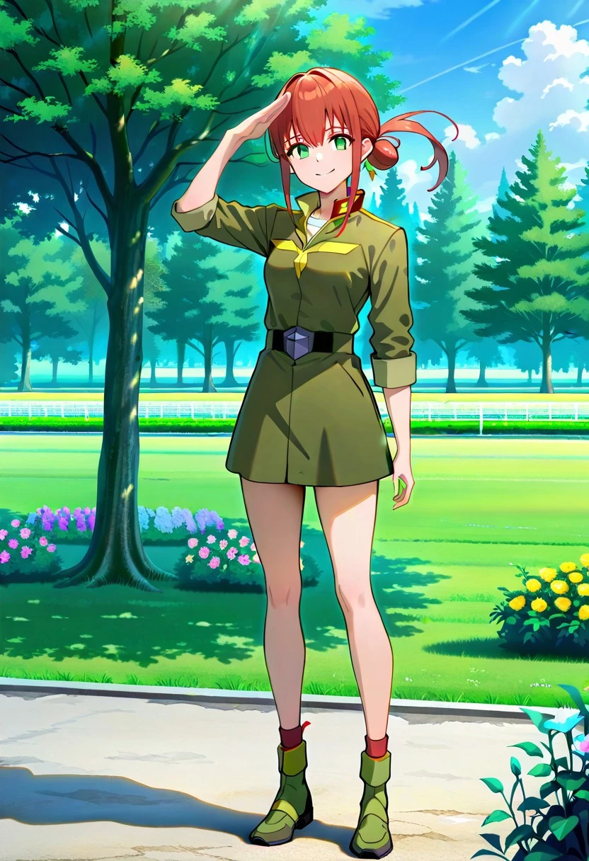 official art, masterpiece, best quality, absurdres, very aesthetic, 1girl, solo, mecha focus, alma_CF, red hair, green eyes, short hair with long locks, bangs, sidelocks, single hair bun, hair ornament, floating hair, ponytail, small breasts, military uniform, collared jacket, military rank insignia, green jacket, white undershirt, sleeve cuffs, belt, belt buckle, green skirt, knee socks, green socks, ankle boots, green footwear, looking at viewer, smile, full body, standing, salute, outdoors, garden, tree, flowers