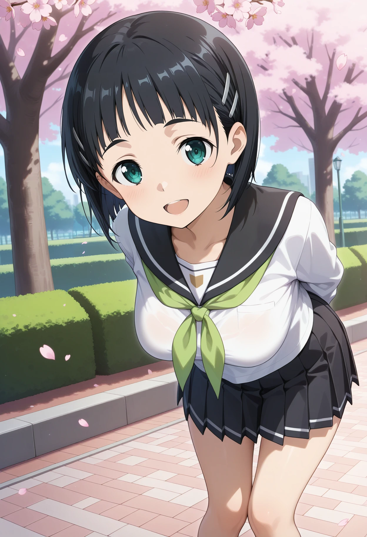 best quality, good quality, amazing quality, very aesthetic, absurdres, masterpiece, 1girl, aasuguha, short hair, black hair, hairclip, green eyes, breasts, serafuku, black sailor collar, green neckerchief, white shirt, long sleeves, pleated skirt, black skirt, <lora:kirigaya_suguha_ilxl_v1:1>, arms behind back, leaning forward, standing, outdoors, open mouth, cherry blossoms, smile, park,