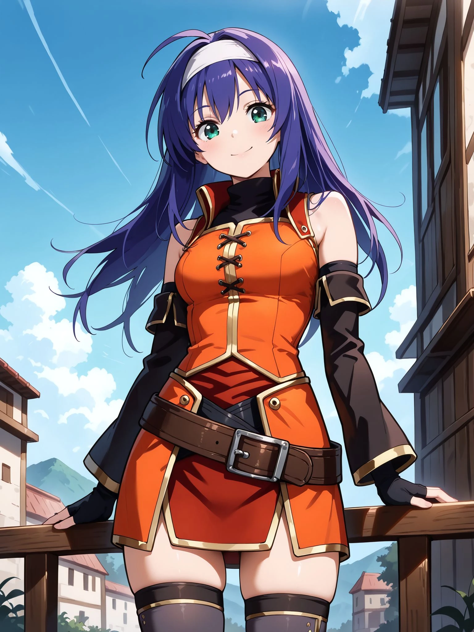 masterpiece,best_quality,1girl,solo,<lora:mia ferd_illustriousXL:0.8>,mia ferd,white hairband,detached sleeves,fingerless gloves,orange dress,sleeveless turtleneck,black shirt,belt,thighhighs,cowboy shot,standing,smile,blue sky,looking at viewer,