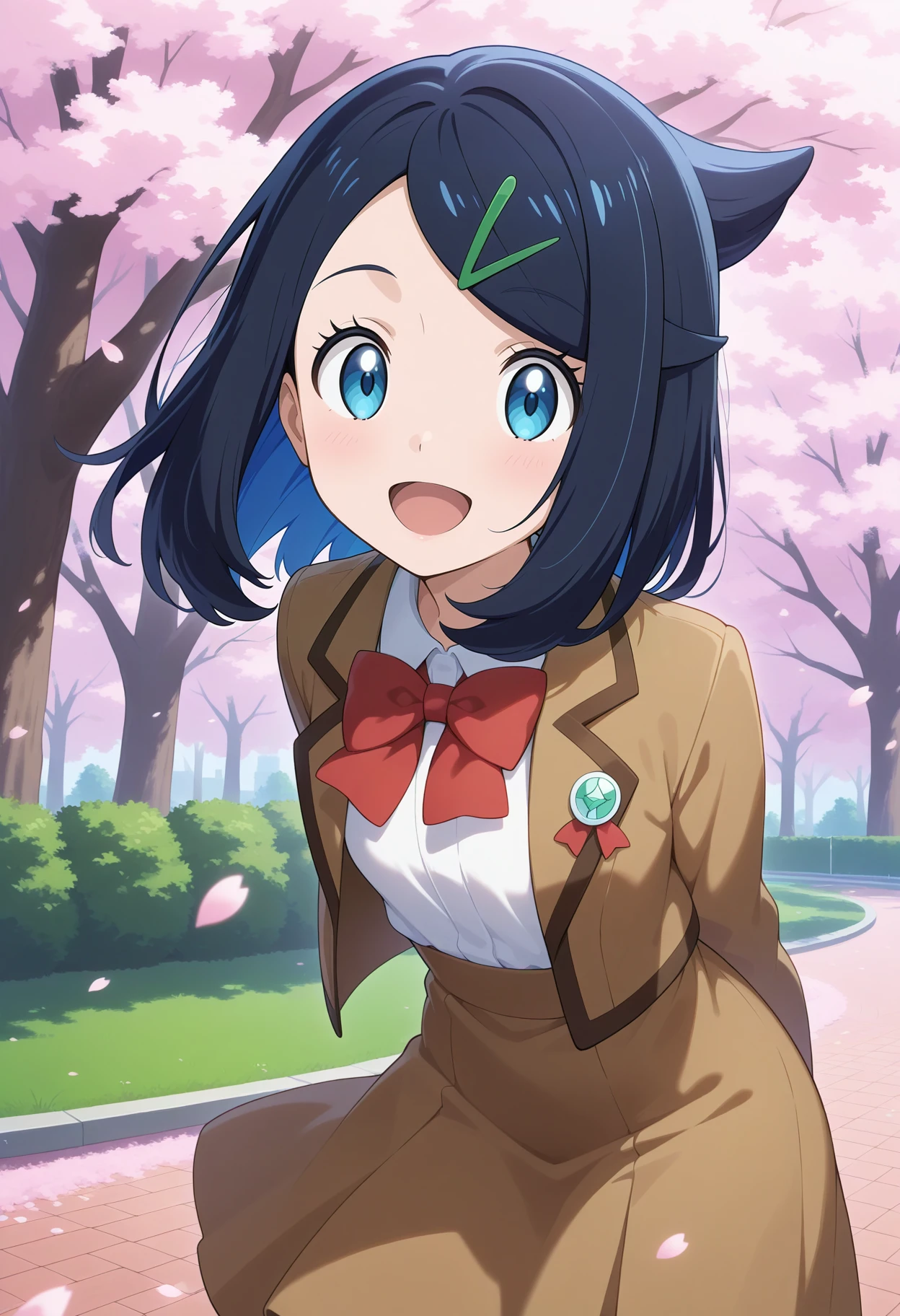 best quality, good quality, amazing quality, very aesthetic, absurdres, masterpiece, 1girl, aaliko, medium hair, black hair, colored inner hair, hairclip, blue eyes, school uniform, red bowtie, white shirt, brown jacket, open jacket, long sleeves, high-waist skirt, brown skirt, <lora:liko_(pokemon)_ilxl_v1:0.9>, arms behind back, leaning forward, standing, outdoors, open mouth, cherry blossoms, smile, park,