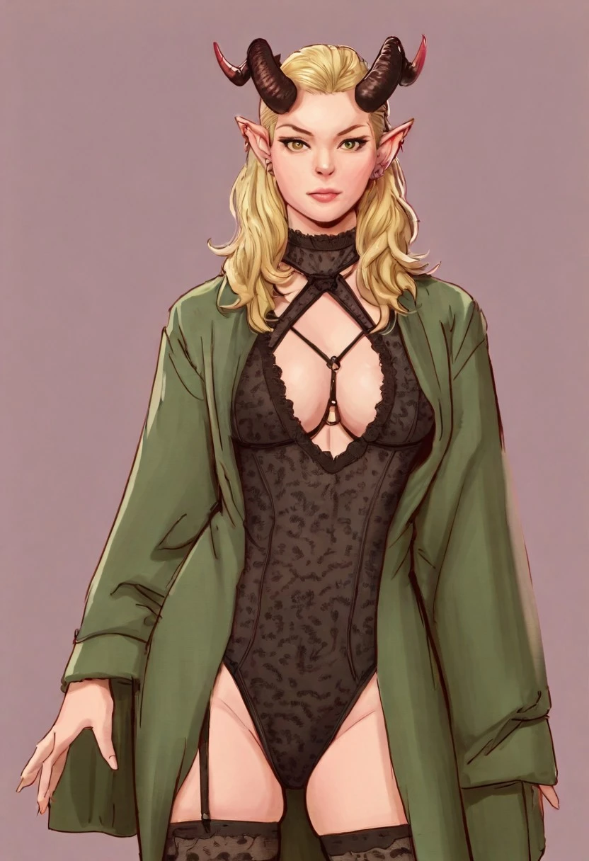 masterpiece, highres, 1girl, solo, looking at viewer, sexy attire, sheer green robes, simple background, blonde hair, horns, tiefling