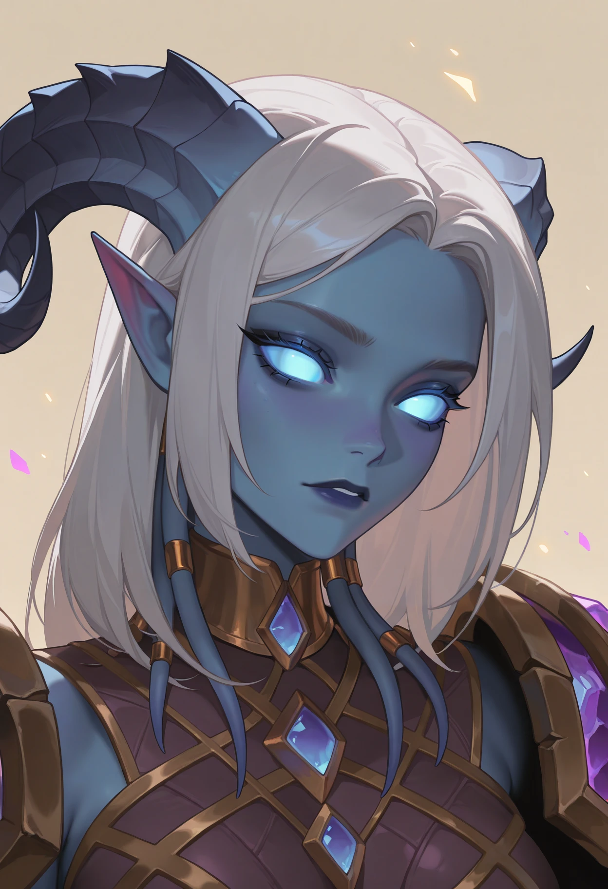 masterpiece, best quality, absurdres, highres, newest, 1girl, solo, <lora:draenei-wc-richy-v1_ixl:1> drnei, horns, pointy ears, colored sclera, glowing eyes, no pupils, no eyes, colored skin, blue eyes, blue skin