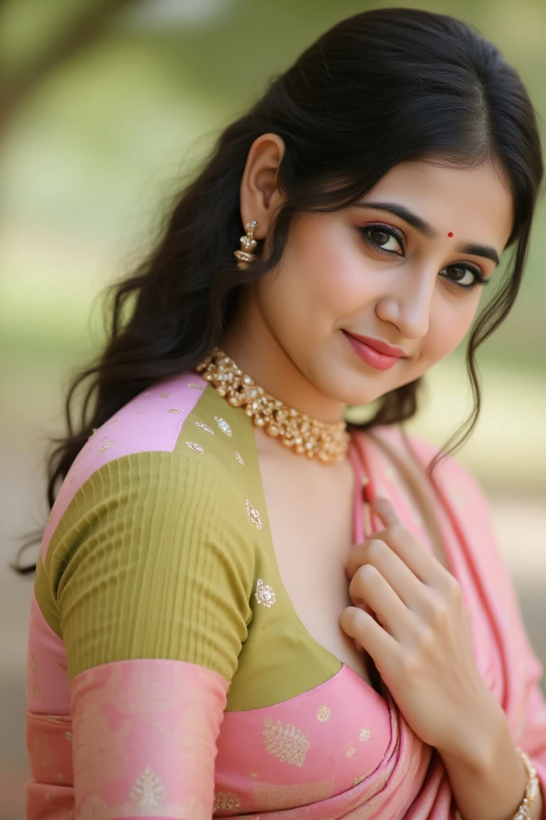Showing clevage,bending down,wearing a silk saree,downblouse,wearing a gold ornaments