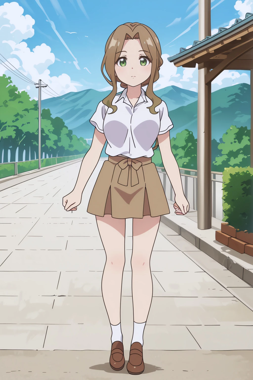 garden, 8K, masterpiece, confused, anime,looking at the viewer, alone, smile, Light blue striped knee socks, whole body,,(NSFW),(((nude))),(take off), (big breasts: 1.2), (I can see your nipples: 1.4), (pussy), (((very thick thighs))),wide hips, Beautiful and thick thighs, huge round ass, huge natural breasts, Shiny and oily breasts,brown hair (orgasm: 1.5),(Are standing/Are standing in honor),(take off:1.5),beautiful hair, beautiful face, fine and beautiful eyes, beautiful clavicle, beautiful body, beautiful feet, beautiful fingers, (beautiful scenery), Are standing, (smile, open your mouth), (from below:1.5),(visibility is low:1.5), (((No panties, genitals visible))),(highest quality, masterpiece),