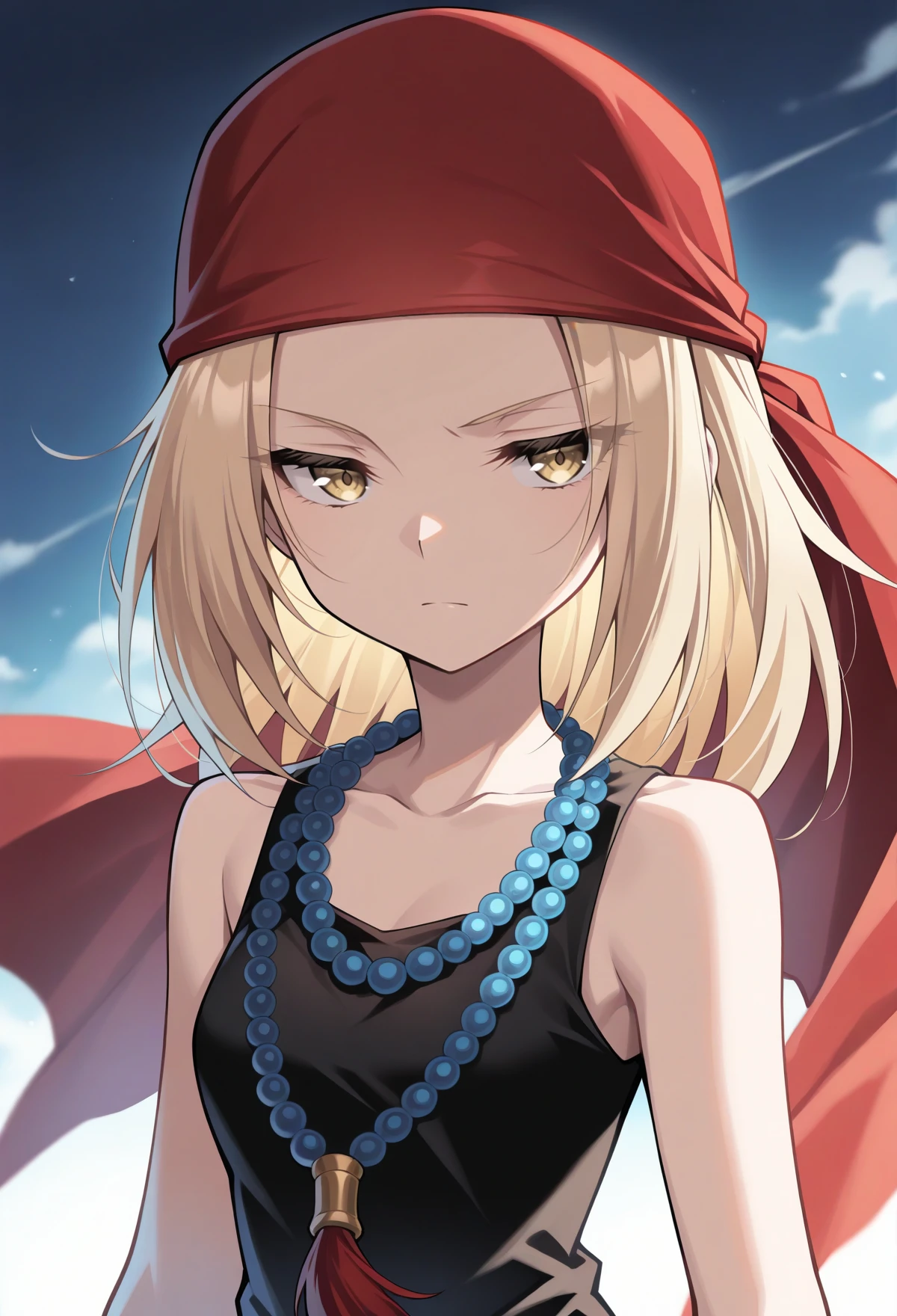 masterpiece, best quality, high quality, anime, solo,
<lora:AEAnna:1> AEAnna,yellow eyes, blonde hair, parted bangs, forehead, bead necklace, black dress, sleeveless dress, red bandana, portrait, serious,