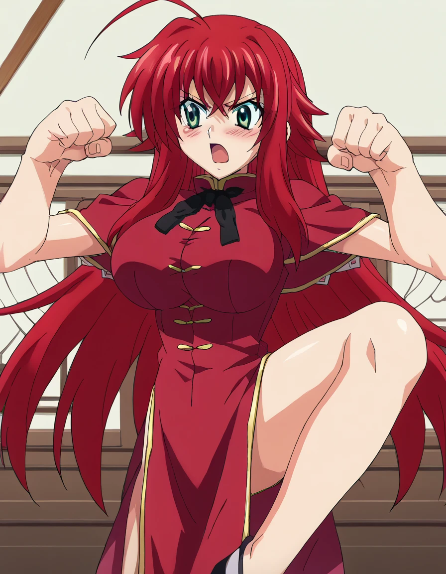 score_9, score_8_up, score_7_up, source_anime, <lora:rias-gremory-ponyxl-lora-nochekaiser:1>, rias gremory, huge ahoge, long hair, hair between eyes, green eyes, red hair, large breasts, anime screencap, <lora:crane-stance-ponyxl-lora-nochekaiser:1>, crane stance, fighting stance, closed mouth, leg up, standing, standing on one leg, looking to the side, hands up, open mouth, blush, solo, <lora:tangzhuang-ponyxl-lora-nochekaiser:1>, tangzhuang, chinese clothes, pelvinc curtain,,