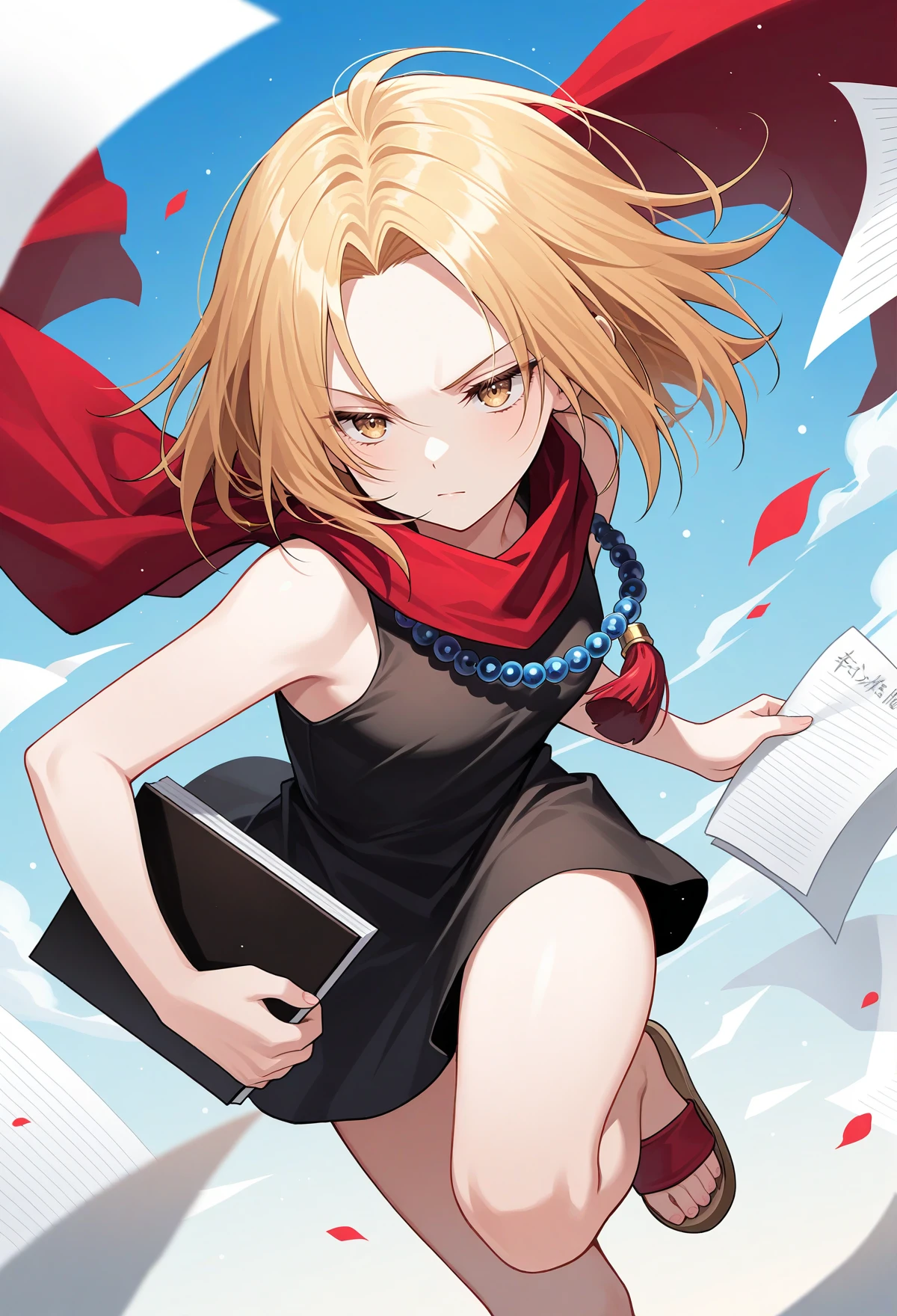 masterpiece, best quality, high quality, anime, solo,
<lora:AEAnna:1> AEAnna, yellow eyes, blonde hair, parted bangs, forehead, bead necklace, black dress, sleeveless dress, sandals, red scarf,
holding old notebook, flying paper, serious,