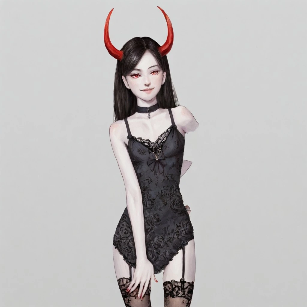 masterpiece, highres, 1girl, solo, beautiful, flawless, perfect face, simple white background, (red horns, pale skin, jet black hair, goth), Garterbelt, black fabric, floral embroidery, wearing the garterbelt, ite, skinny, smug, proud