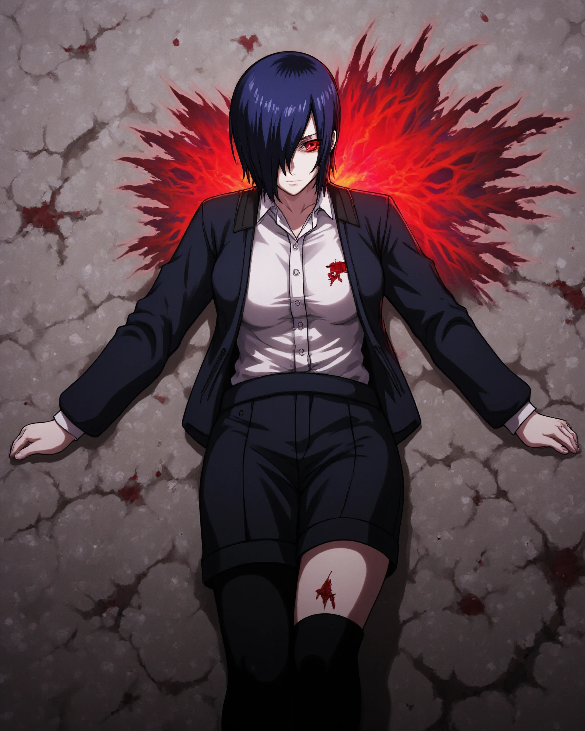 A powerful and striking depiction of Touka Kirishima from Tokyo Ghoul, lying on the ground amidst a chaotic scene. Her body is sprawled in exhaustion, her face turned slightly to the side, her short blue hair disheveled and partially matted with blood. Her wide, vivid red kagune spreads out behind her in a chaotic and jagged formation, glowing with an intense, otherworldly energy. Blood stains the ground around her, blending with the smudges and cracks on the surface, emphasizing the brutal aftermath of a fierce battle. Her torn clothing reveals the scars and wounds she has endured, and her expression conveys a mixture of defiance, pain, and unyielding determination. The muted tones of the ground and the faint, smoky background contrast sharply with the vibrant crimson of her kagune, making it the centerpiece of this dramatic and emotional composition.