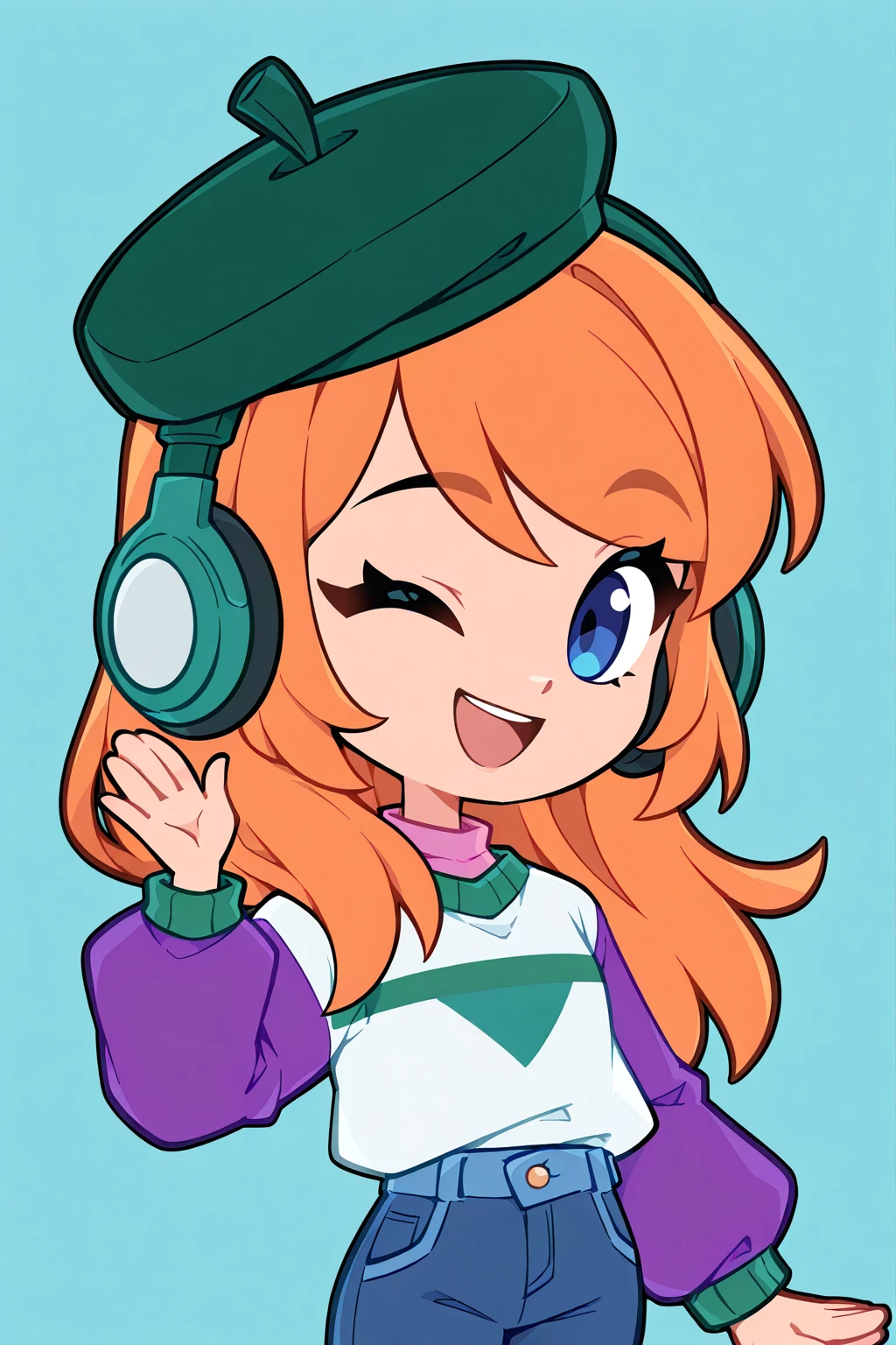 <lora:Kayleigh Illustrious:0.6>, kayleigh, white sweater, purple sleeves, beret, jeans, green headwear, sweater tucked in, 1girl, solo, pink shirt, shirt under sweater, chibi, flat color, ;d, one eye closed, smile, simple background, blue background, hand up, headphones