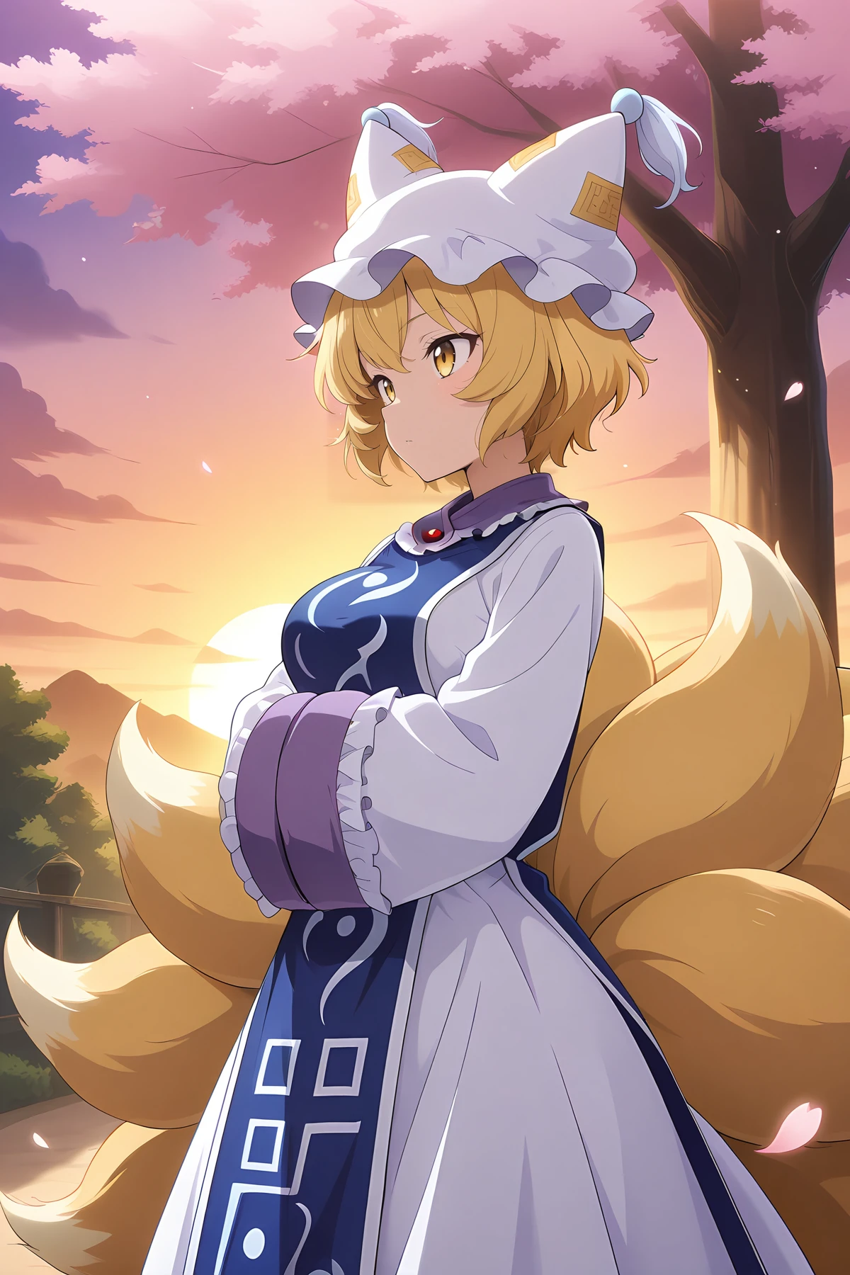 absurdres, highres, masterpiece, best quality, amazing quality, official anime artwork, screencap, anime screencap, outdoors, from the side, floating hair, tree, sunset, dynamic pose, hands in opposite sleeves, petals, sakura tree, light particles,  
 <lora:Yakumo-Ran_Illustrious:1> yakumo ran, 1girl, solo, yellow eyes, blonde hair,  short hair, multiple tails, fox tail, fox ears,, hat, white headwear, ofuda, tabard, white dress, long dress, frills, long sleeves, wide sleeves