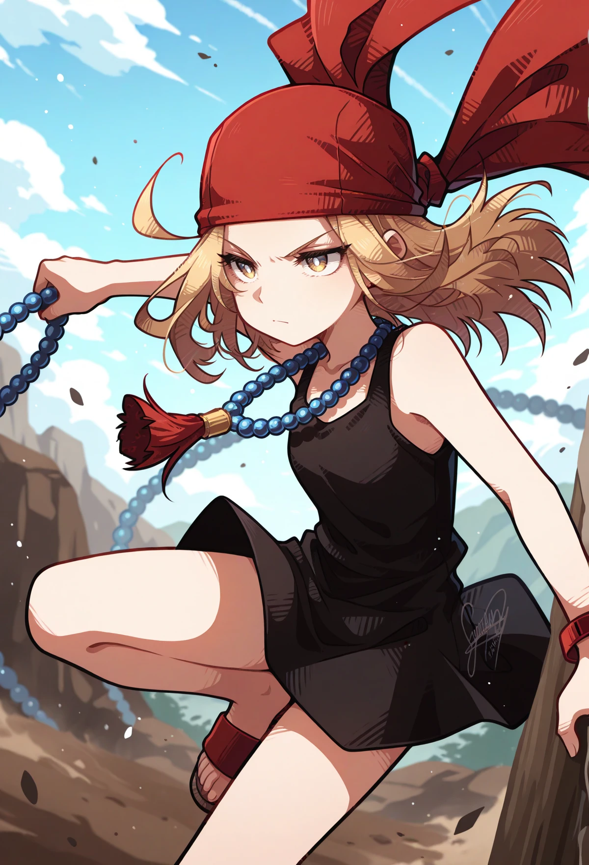 masterpiece, best quality, high quality, anime, solo,
<lora:AEAnna:1> AEAnna, yellow eyes, blonde hair, parted bangs, forehead, bead necklace, black dress, sleeveless dress, sandals, red bandana, <lora:AESTYLES:1> white pupils, serious, holding bead necklace,