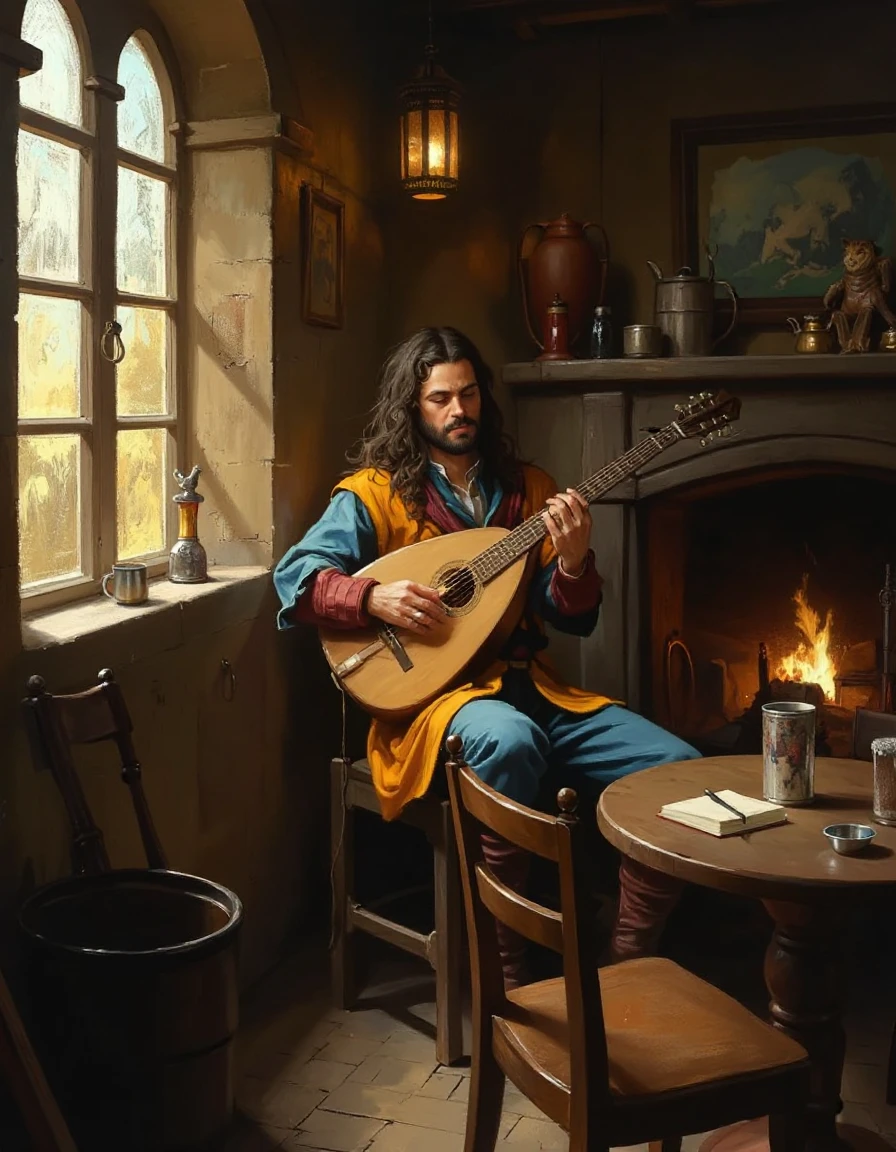 fantasy painting portrait of a bard in colorful traveler's robes plays a lute for a small audience in a rustic cozy pub. The corner of the pub features a fireplace and the frosted glass windows shine warm sunlight onto old tables and chairs