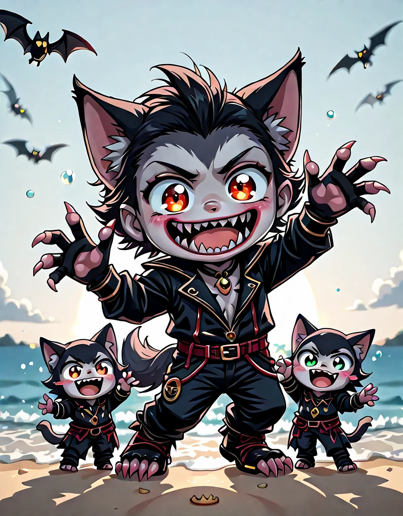 <lora:Chibi_Smile:1> chibisillus, chibi werewolf, on the beach, happy, smiling, cute, dancing, kawaii, and many cats everywhere !