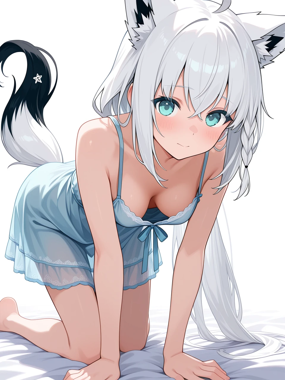 masterpiece, best quality, 1girl, solo,
<lora:negligeeIllustrious1:1>
shirakami fubuki, white background, nightgown, all fours, downblouse,