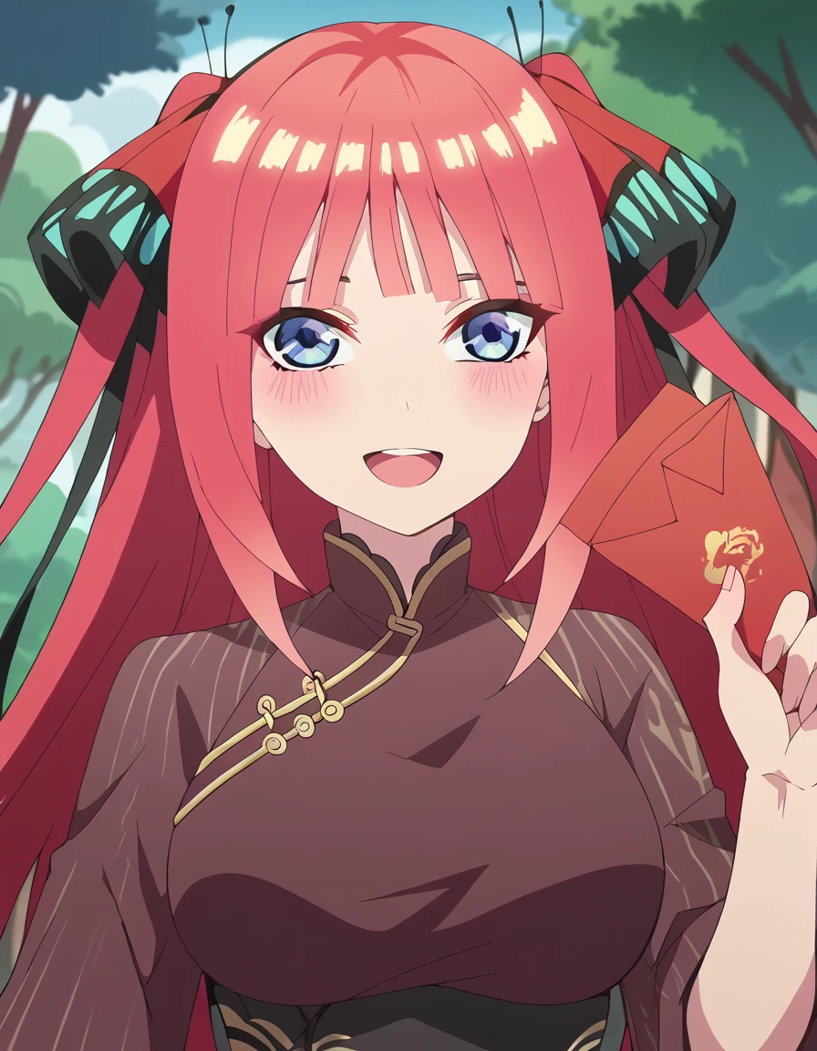 score_9, score_8_up, score_7_up, source_anime, <lora:nnakano-s2-ponyxl-lora-nochekaiser:1>, long hair, bangs, blue eyes, hair ornament, hair ribbon, pink hair, blunt bangs, two side up, butterfly hair ornament, large breasts, anime screencap, <lora:hongbao-ponyxl-lora-nochekaiser:1>, hongbao, chinese new year, good fortune symbol, holding envelope, envelope, red envelope, outstretched arm, smile, blush, outdoors, open mouth, looking at viewer,, ,