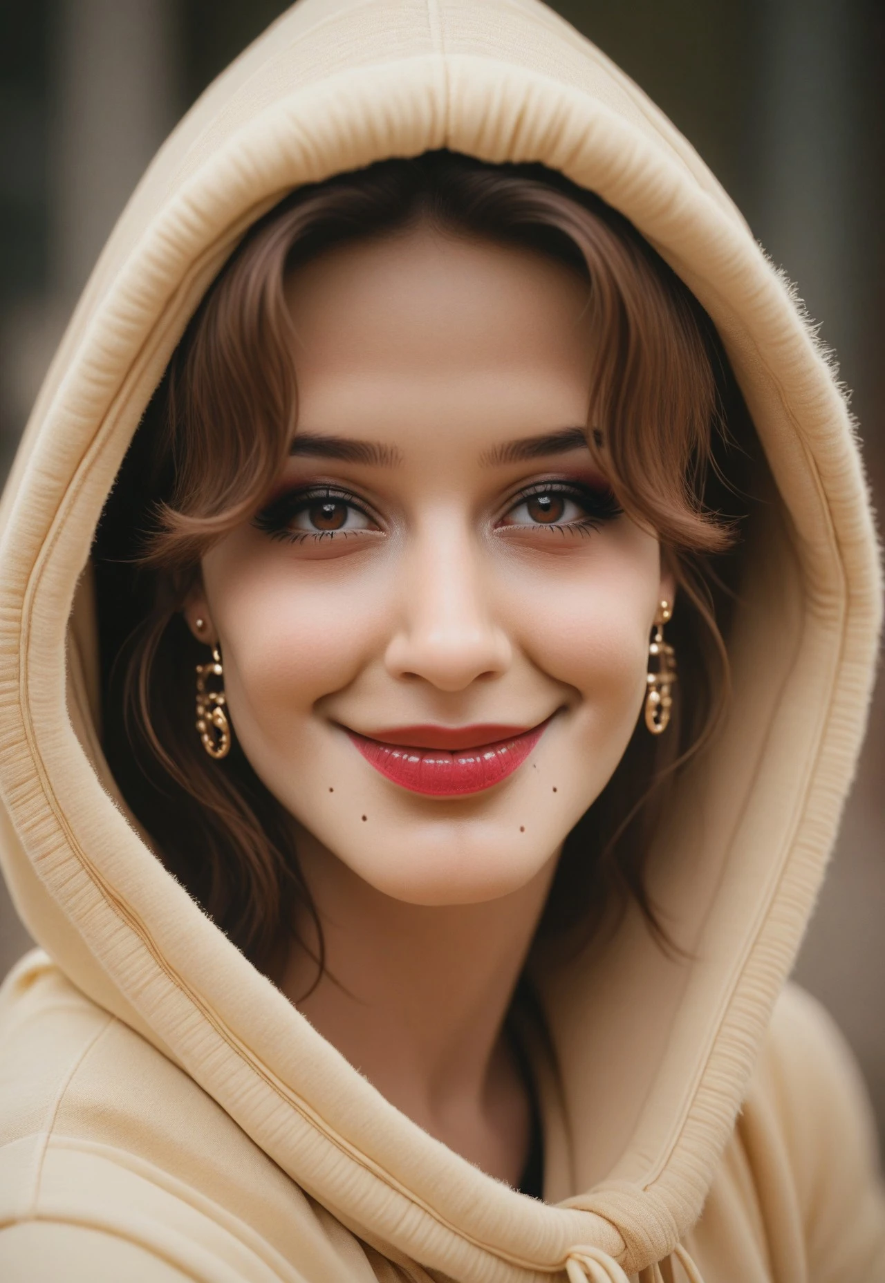 masterpiece, very aesthetic, best quality, absurdres, V3RS4R34L, 1girl, solo, jewelry, earrings, brown hair, brown eyes, mole, looking at viewer, hood, mole under mouth, lips, realistic, makeup, smile, portrait, depth of field, lipstick, retro photography