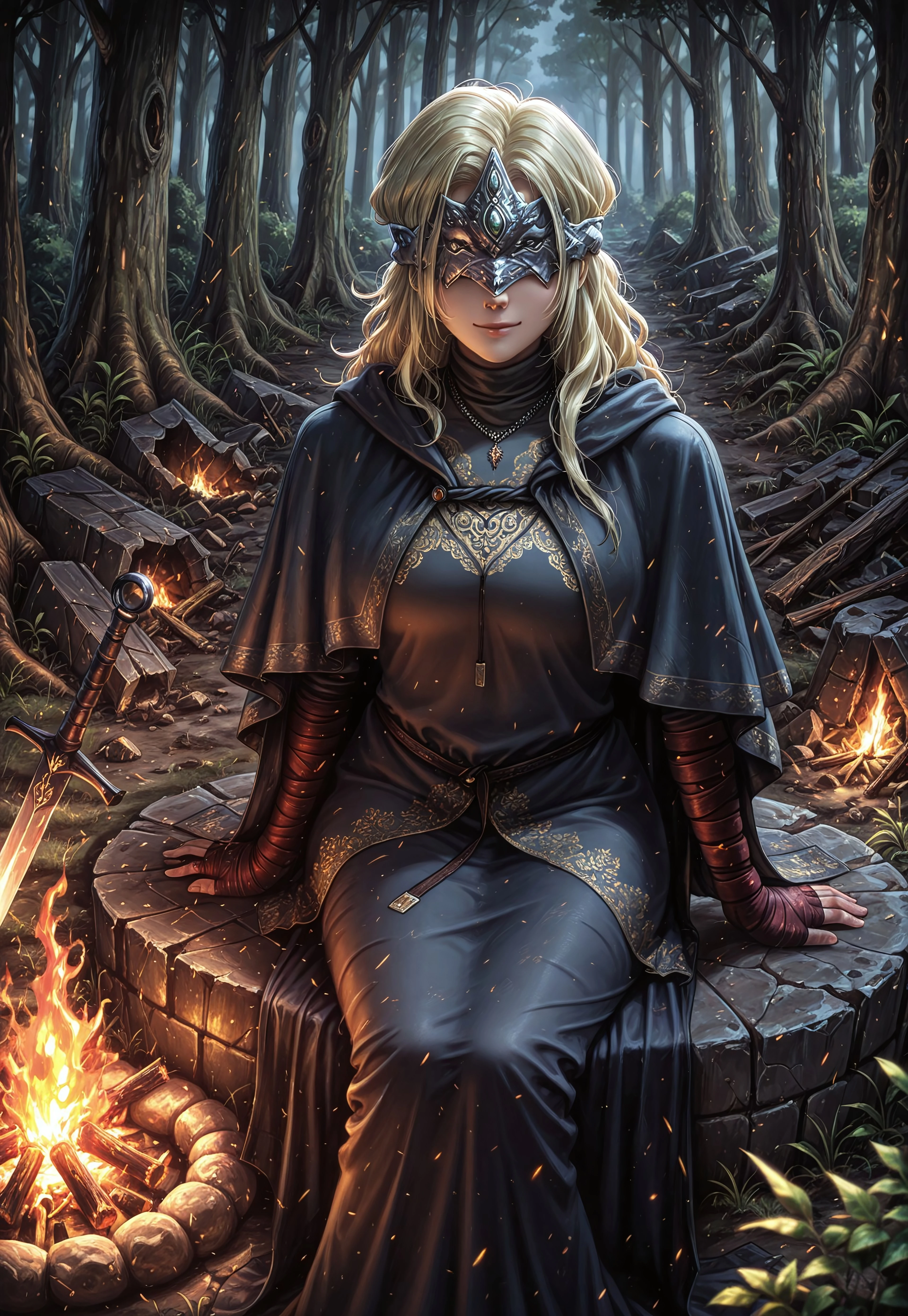 masterpiece, best quality, BREAK, dynamic angle, 1girl, solo, firekeeperill, blonde hair, mask, long dress, capelet, necklace, bandaged arm, sitting, legs crossed, looking at viewer, light smile, forest, bonfire, embers, ruins, foliage, dark lighting, detailed scenery