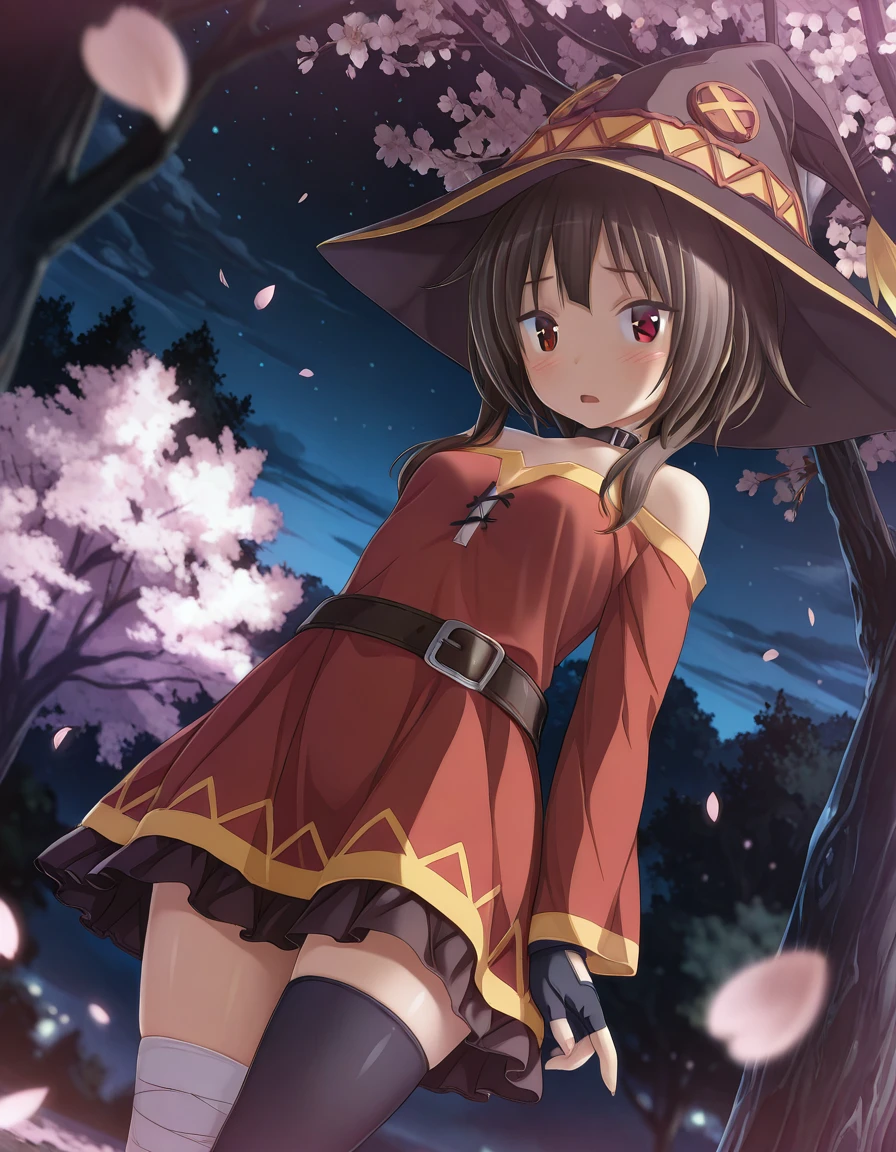 masterpiece, absurdres, best quality, aesthetic, 2.5d, semirealistic, moonlight, megumin, konosuba, red dress, off-shoulder dress, short hair with long locks, single thighhigh, fingerless gloves, witch hat <lora:KatsuPS_IllXL:1> BREAK KatsuPS, 1girl, cherry blossoms, solo, blush, brown hair, night, red eyes, small breasts, breasts, petals, looking at viewer, open mouth, bow, dutch angle, tree, outdoors, skirt, long sleeves, sky, blurry, depth of field, frills, dress, night sky