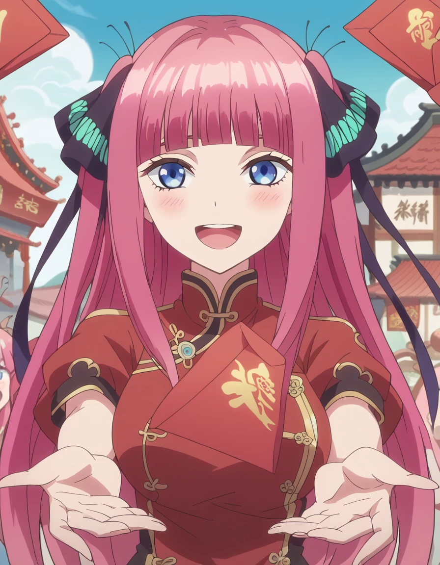 score_9, score_8_up, score_7_up, source_anime, <lora:nino-nakano-s1-ponyxl-lora-nochekaiser:1>, nino nakano, long hair, bangs, blue eyes, hair ornament, hair ribbon, pink hair, blunt bangs, two side up, butterfly hair ornament, large breasts, anime screencap, <lora:hongbao-ponyxl-lora-nochekaiser:1>, hongbao, chinese new year, good fortune symbol, holding envelope, envelope, red envelope, outstretched arm, smile, blush, outdoors, open mouth, looking at viewer,, ,