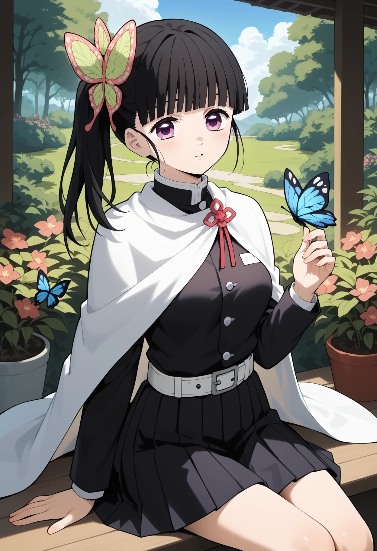 score_9, score_8_up, score_7_up, score_6_up, score_5_up, score_4_up, source_anime, aakanao, long hair, black hair, side ponytail, hair ornament, purple eyes, breasts, white cape, black shirt, long sleeves, white belt, pleated skirt, black skirt, <lora:tsuyuri_kanao_ponyxl_v1:0.9>, sitting, garden, butterfly on hand,