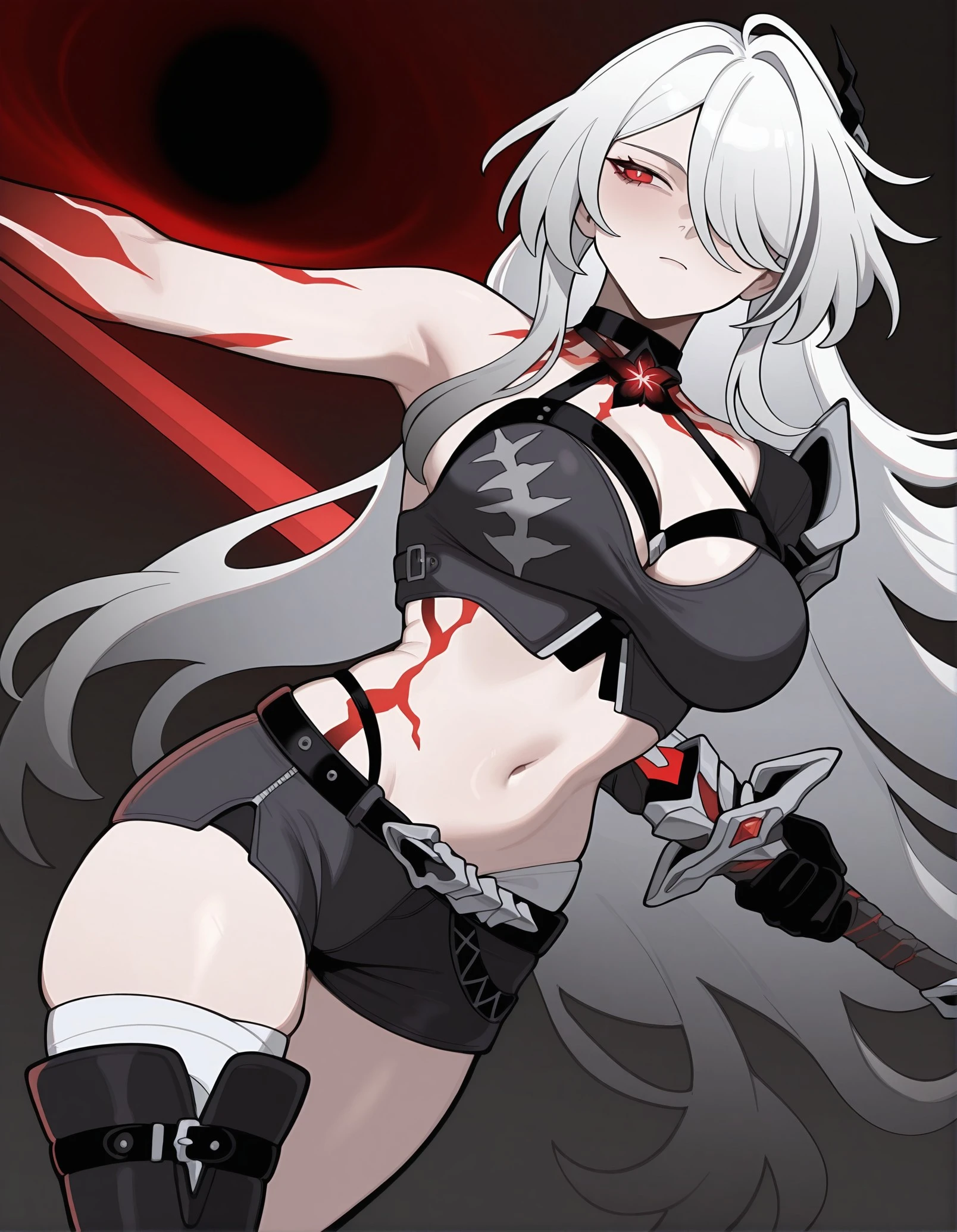 masterpiece, best quality, amazing quality, very aesthetic, absurdres, newest, solo, acheronalt, red eyes, white hair, long hair, hair over one eye, hair ornament, large breasts, body markings, single shoulder pad, asymmetrical clothing, navel, midriff, halterneck, cleavage, choker, crop top, black shorts, belt, thigh boot, knee boot, asymmetrical legwear, Unleashing a black hole with a strike of her sword, ATB Style, <lora:ea8df5a0-c267-4e8e-9675-5554112d4168:0.7>, <lora:9b4c5471-08aa-4d32-925f-a4d452896b55:0.8>