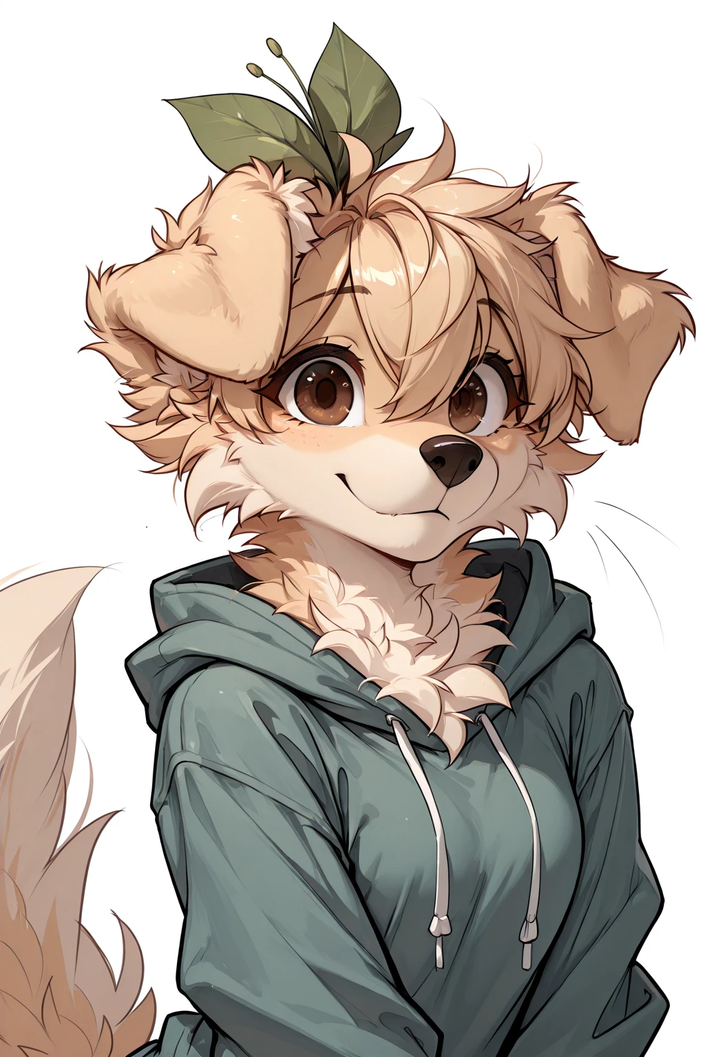 digital media \(artwork\), (masterpiece, high quality, best quality, 8k uhd, absurd res, very aesthetic, newest),hoodie, <lora:Berri-Illus:0.7>, golden retriever, female, anthro, tan body, tan fur, plant on head, brown eyes, bangs, dog girl, canine, cheek tuft, floppy ears, paws, solo, <lora:Mega_Fluffy_IL:0.9> megafluffy, (fluffy), furry,