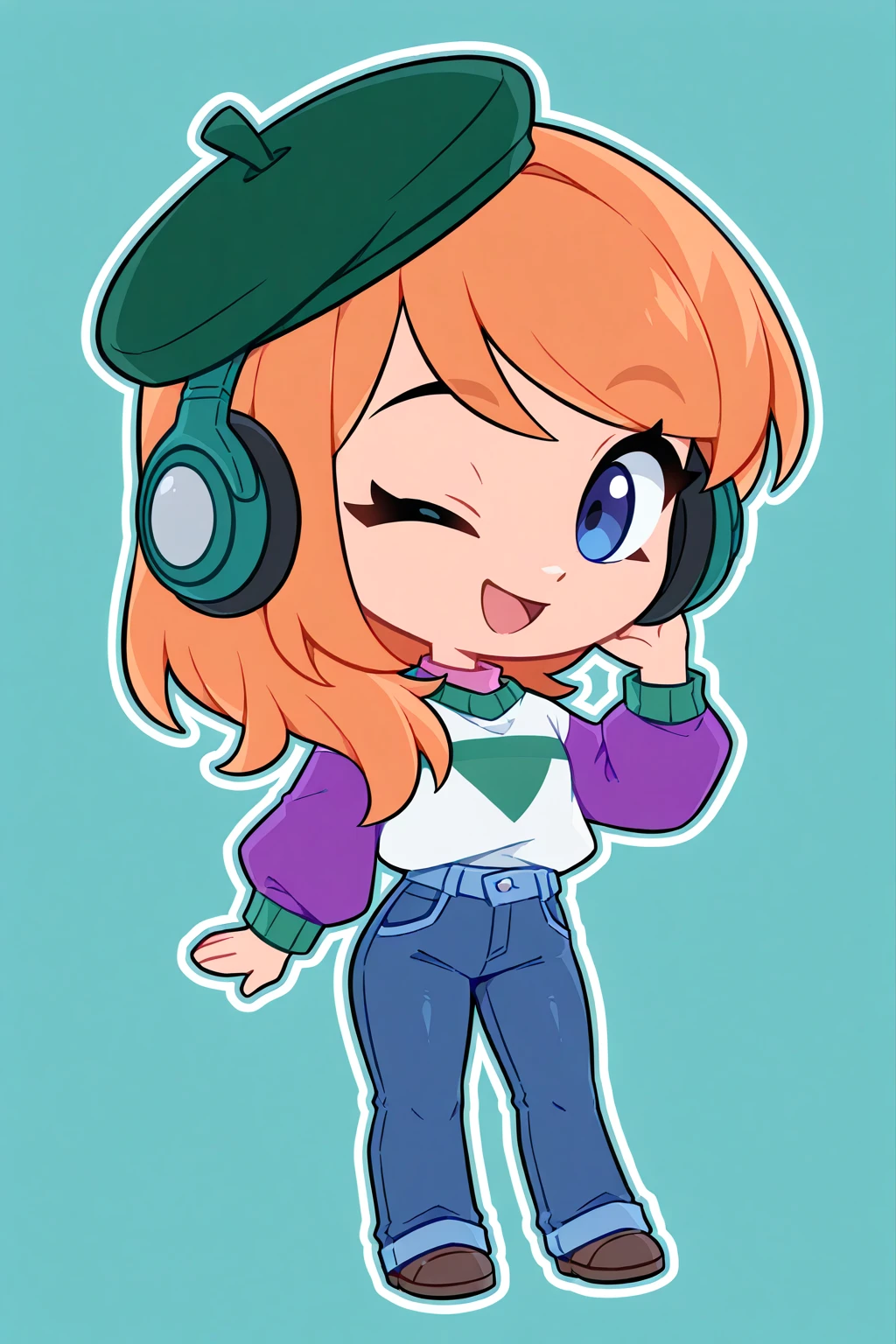 <lora:Kayleigh Illustrious:0.6>, kayleigh, white sweater, purple sleeves, beret, jeans, green headwear, sweater tucked in, 1girl, solo, pink shirt, shirt under sweater, chibi, flat color, ;d, one eye closed, smile, simple background, blue background, hand up, headphones