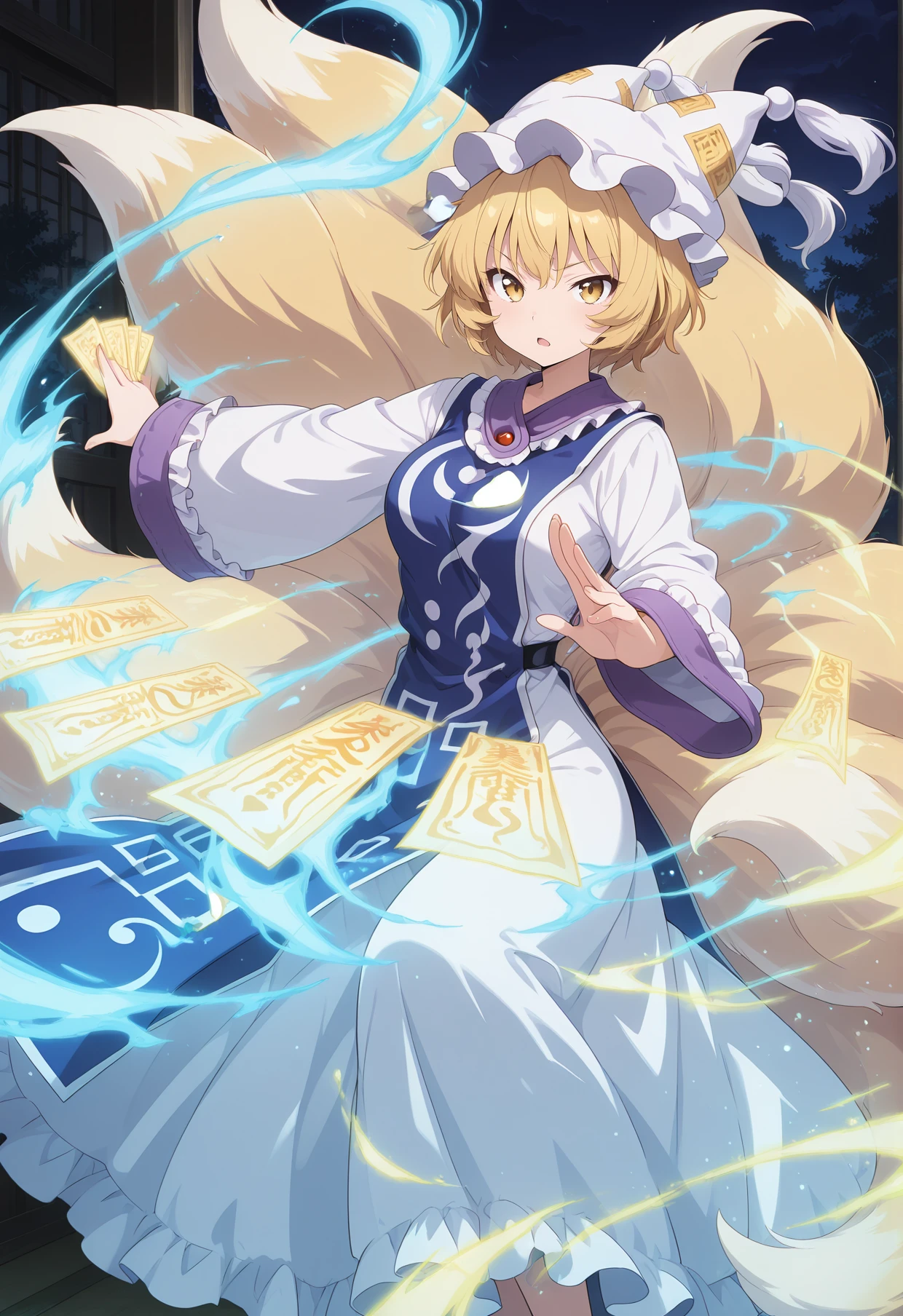 absurdres, highres, masterpiece, best quality, amazing quality, official anime artwork, screencap, anime screencap, dynamic pose, light particles, looking at viewer, spell card, danmaku, 
 <lora:Yakumo-Ran_Illustrious:1> yakumo ran, 1girl, solo, yellow eyes, blonde hair,  short hair, multiple tails, fox tail, fox ears,, hat, white headwear, ofuda, tabard, white dress, long dress, frills, long sleeves, wide sleeves,
night, dark, open mouth, serious,