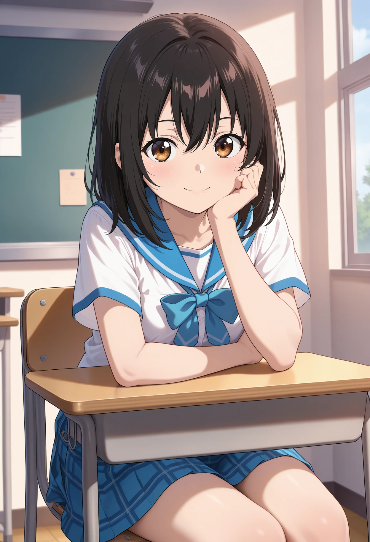 best quality, good quality, amazing quality, very aesthetic, absurdres, masterpiece, 1girl, aayukina, medium hair, black hair, brown eyes, school uniform, blue sailor collar, blue bow, white shirt, short sleeves, plaid skirt, blue skirt, <lora:himeragi_yukina_ilxl_v1:0.9>, arm rest, hand on own cheek, sitting, desk, smile, classroom, on chair,
