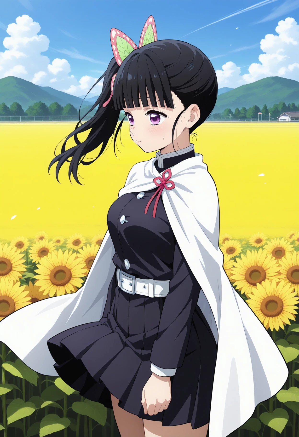 best quality, good quality, amazing quality, very aesthetic, absurdres, masterpiece, 1girl, aakanao, long hair, black hair, side ponytail, hair ornament, blunt bangs, purple eyes, medium breasts, white cape, black shirt, long sleeves, white belt, pleated skirt, black skirt, <lora:tsuyuri_kanao_ilxl_v1:1>, solo, standing, cowboy shot, field, wind, from side,