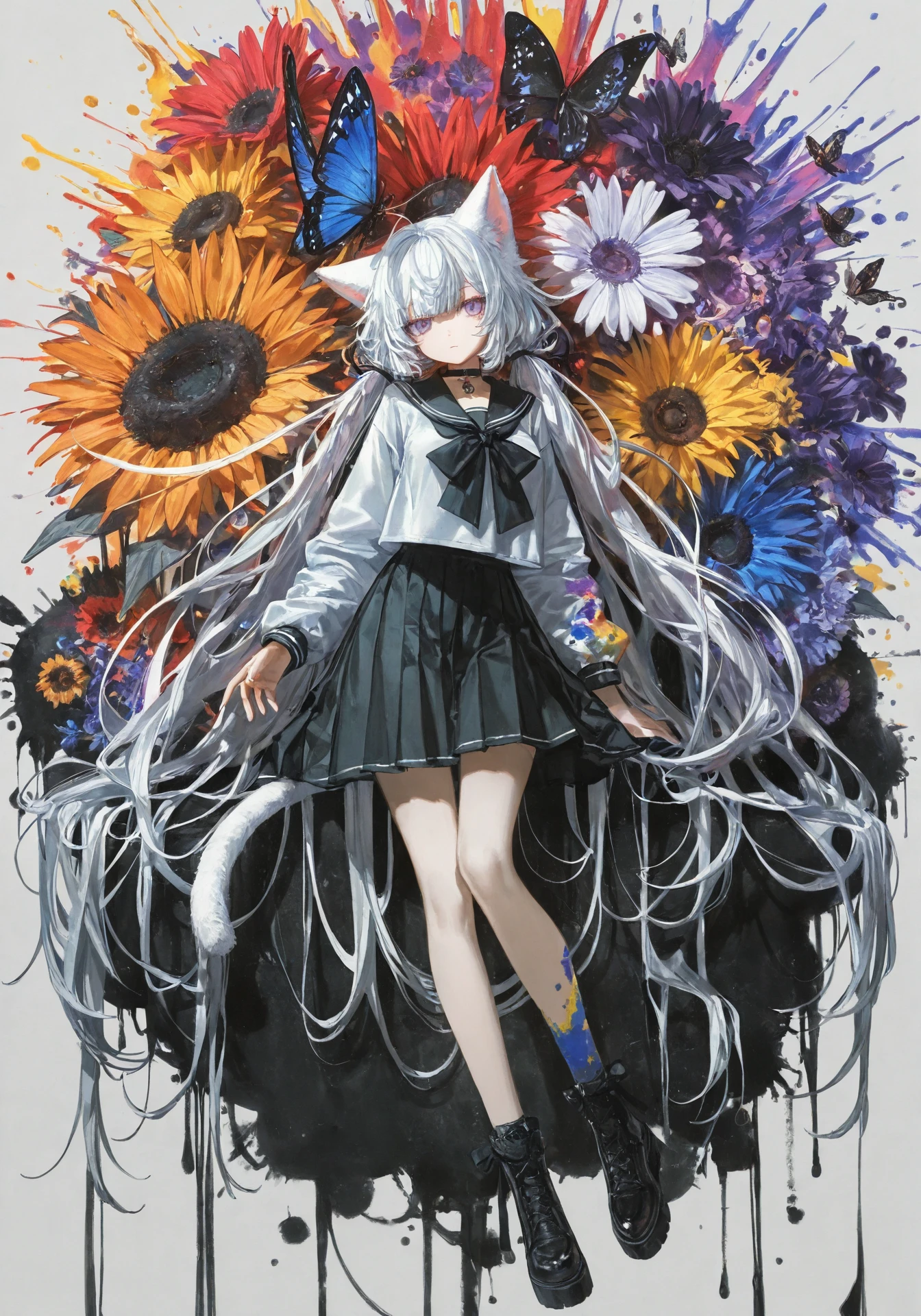 masterpiece, best quality, good quality, year 2023, [quasarcake], ningen mame, ask \(askzy\),
best quality,master,masterpiece,//(fusion of limited color,Maximalism artstyle,Geometric artstyle,Butterflies), double exposure of flower and ink, fusion of flowing abstract art,//black and white painting,(full body:1.1),(sketch:1.3),(draft:1),scribbled lines,(colorful paint splatter:1.2), splatter,paint,ink,1girl,solo,hair tie,white hair,cat girl,light purple eyes,cat ears,choker,serafuku,violets, ribbon, //detailed white background//, anime style
