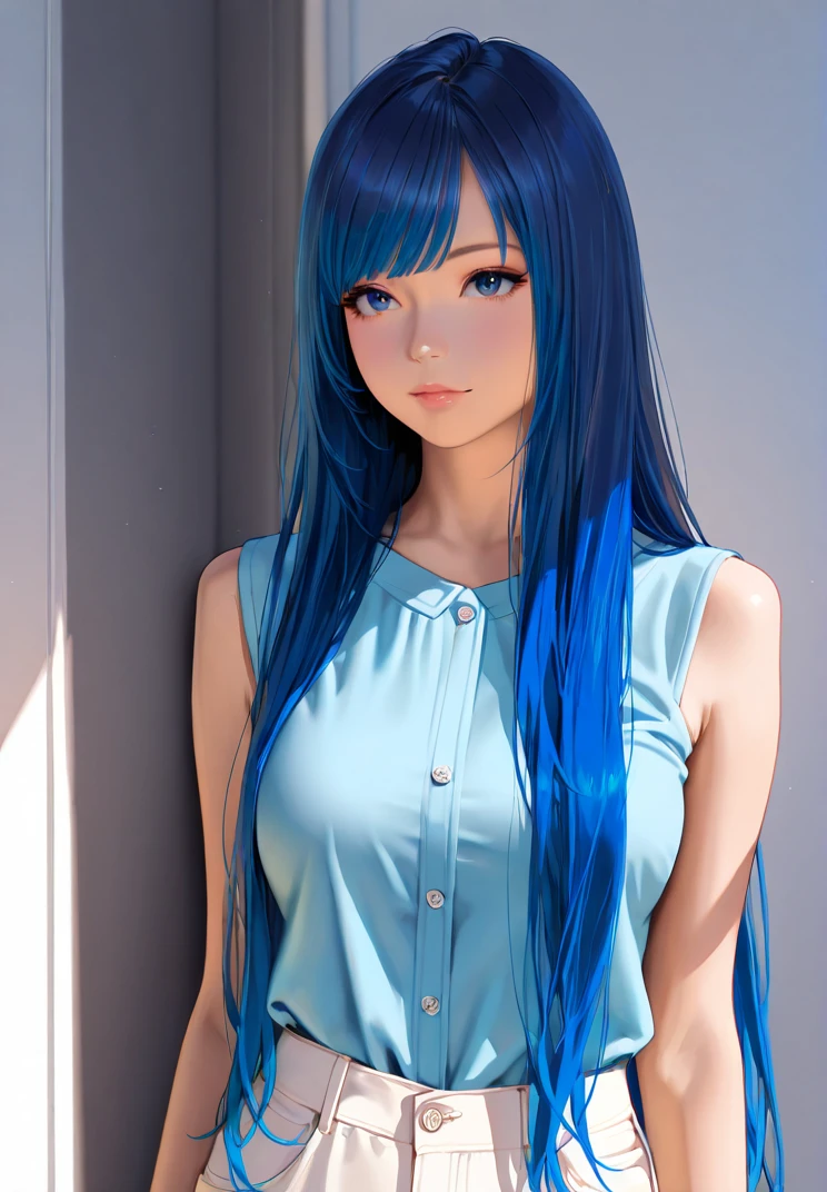 masterpiece, highly detailed, realistic, 1girl, casual clothing, blue hair, super long hair <lora:super_long_hair_xl:1>