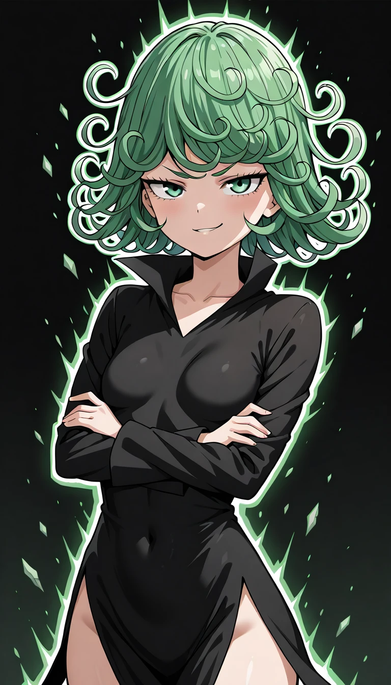 Low Smirk Anime girl with green hair and black shirt posing for a picture ...