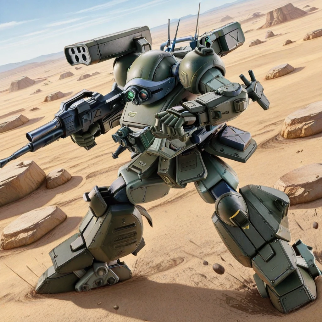 no humans, side view, 1mecha, solo, ATM-09-ST_SCOPEDOG, Triple scope eyes, Assault Rifle,Shoulder Missile Pod,
dynamic action pose,
(motion line, sense of speed, Battle Effects),
rocky desert,rock,(storm:0.6)horizon,day, dutch angle