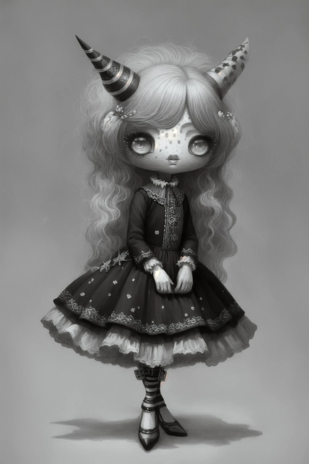 (masterpiece, top quality, best quality, official art, beautiful and aesthetic:1.2), W31RDD0LL, a pencil drawing of a woman, gray skin, two eyes, two ocelli, white freckles, gray lips, one unicorn horn, white hair, paws, spider legs, dress, black and white, mushrooms <lora:W31RDD0LL:1.0>