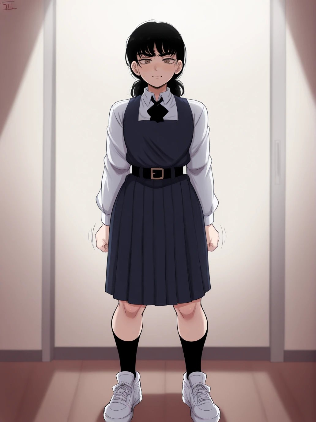 (masterpiece, amazing quality, best quality), <lora:blackwhiplash(bwl)-guy90-Illust-Lycorisv1:1>, blaash, motion lines, cinematic lighting, shadows, lighting,
 <lora:Asa:1>, mitaka asa, 1girl, solo, long hair, low twintails, twintails, black hair, 
shirt, white shirt, collared shirt, long sleeves, dress, sleeveless dress, blue dress, pinafore dress, pleated dress, school uniform, fourth east high school uniform, bow, ribbon, neck ribbon, black ribbon, bowtie, black bowtie, black bow, skirt, belt, black belt, belt buckle, socks, black socks, shoes, white footwear, sneakers
brown eyes,