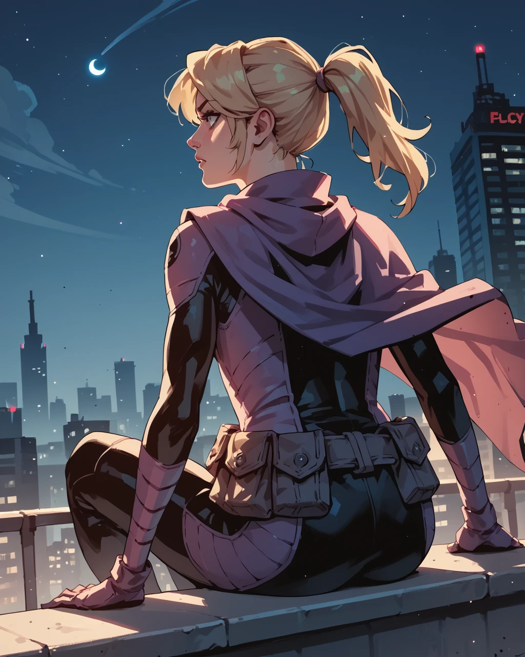 score_9, score_8_up, score_7_up, score_6_up, masterpiece, best quality, <lora:Batgirl_-_Stephanie_Brown_Pony:0.8> stephaniebrown, blonde hair, bodysuit, cape, belt pouch, ponytail, cityscape, night, sitting on roof, zPDXL3, zPDXLxxx,