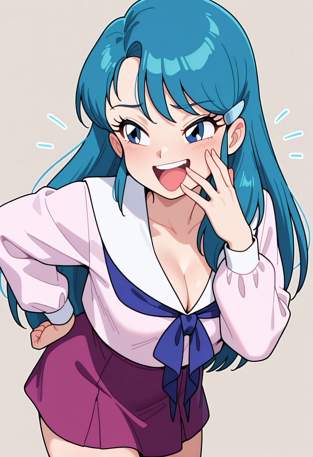 masterpiece, best quality, very aesthetic, absurdres, 1girl, solo,
<lora:kuki_rei_v01:1>, kuki_rei, rei_normal, blue hair, long hair, blue eyes, breasts,
hair ornament, school uniform, sailor collar, blue neckerchief, cleavage, long sleeves, purple skirt, miniskirt, hand on own hip, posing, (laughing:1.2),