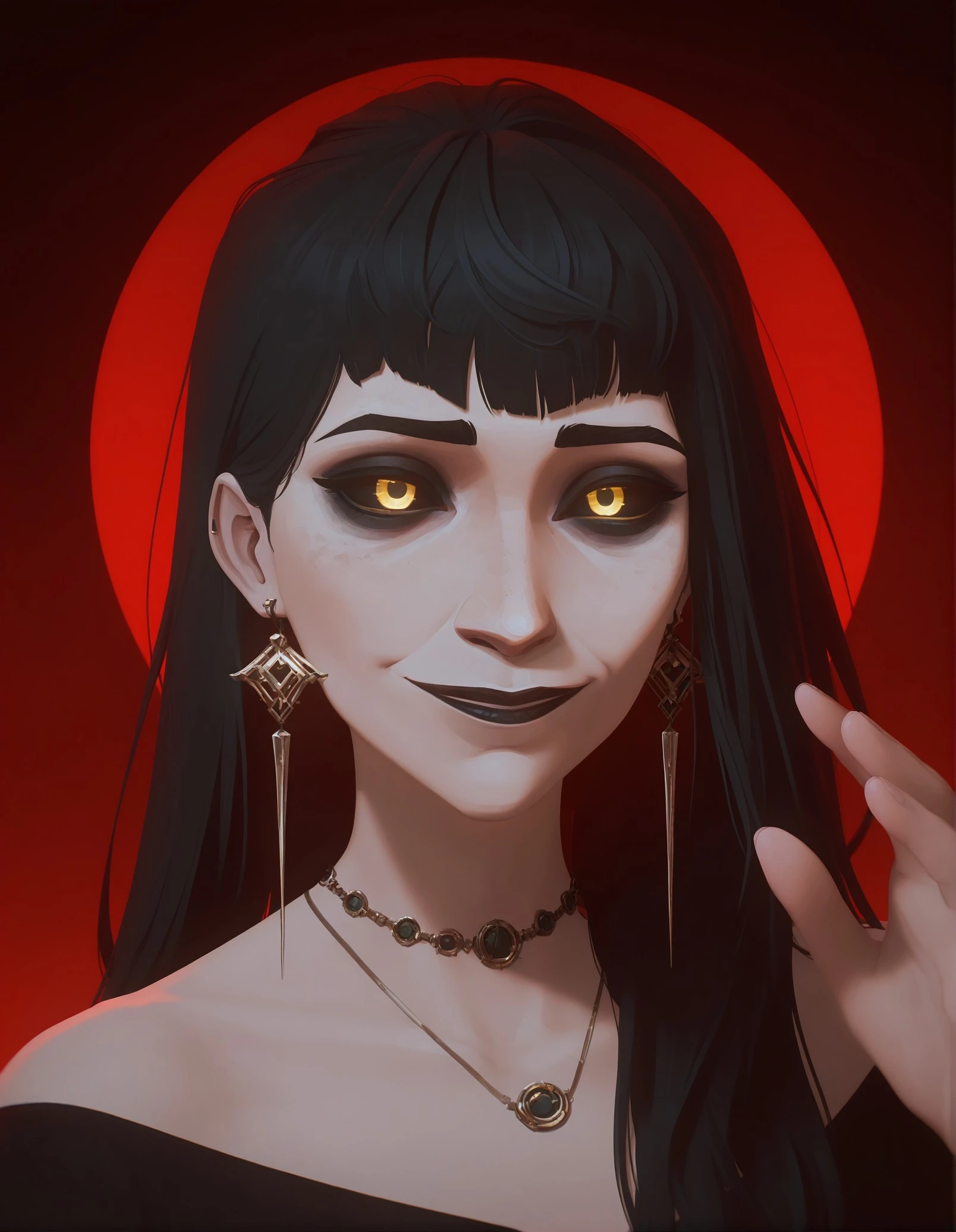 masterpiece, best quality, amazing quality, very aesthetic, absurdres, newest, jewelry, 1girl, long_hair, solo, yellow_eyes, earrings, black_hair, black_sclera, looking_at_viewer, colored_sclera, red_background, collarbone, hand_up, black_lips, necklace, bare_shoulders, portrait, smile, glowing, closed_mouth, bangs, Arcane Style, <lora:23029ffd-e4e6-4870-a2b4-fb6b510c1f0b:0.8>