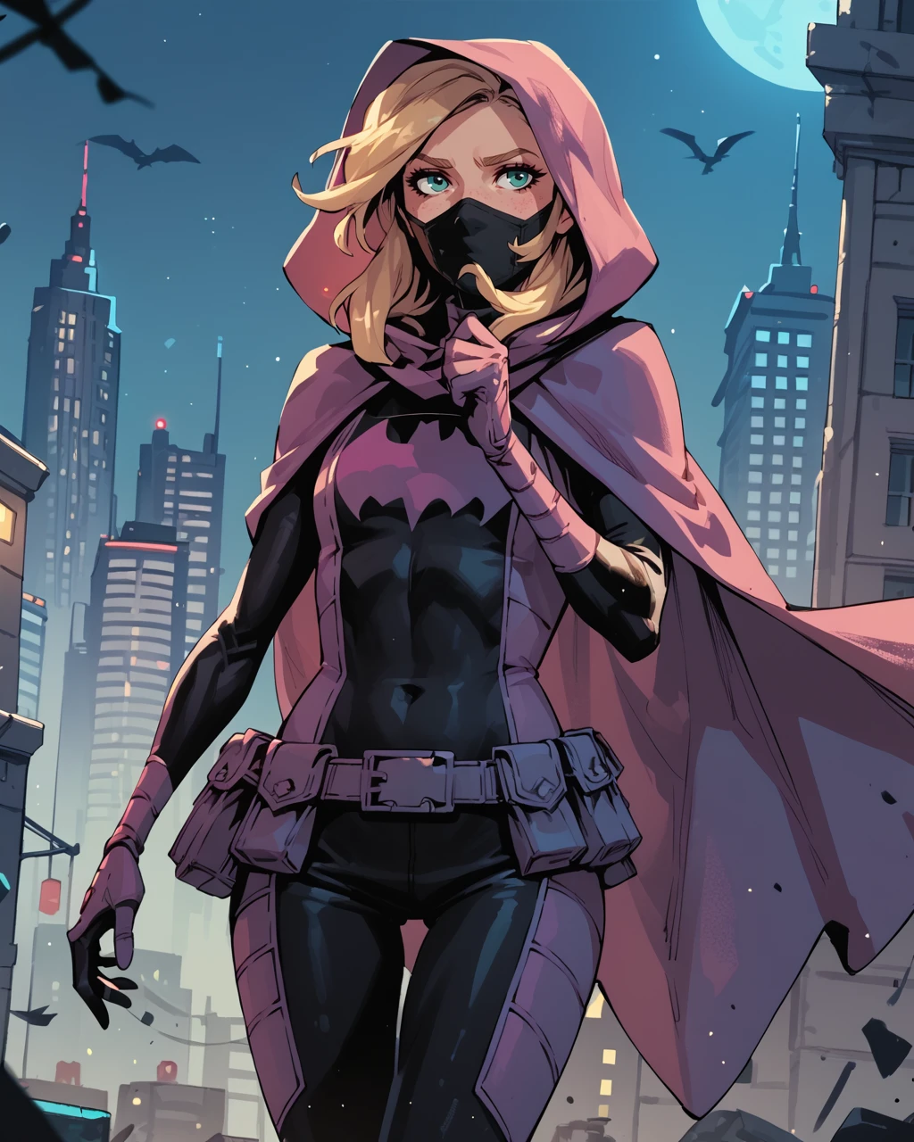 score_9, score_8_up, score_7_up, score_6_up, masterpiece, best quality, <lora:Batgirl_-_Stephanie_Brown_Pony:0.8> stephaniebrown, blonde hair, bodysuit, cape, belt pouch, mouth mask, hood, cityscape, night zPDXL3, zPDXLxxx, thigh gap,