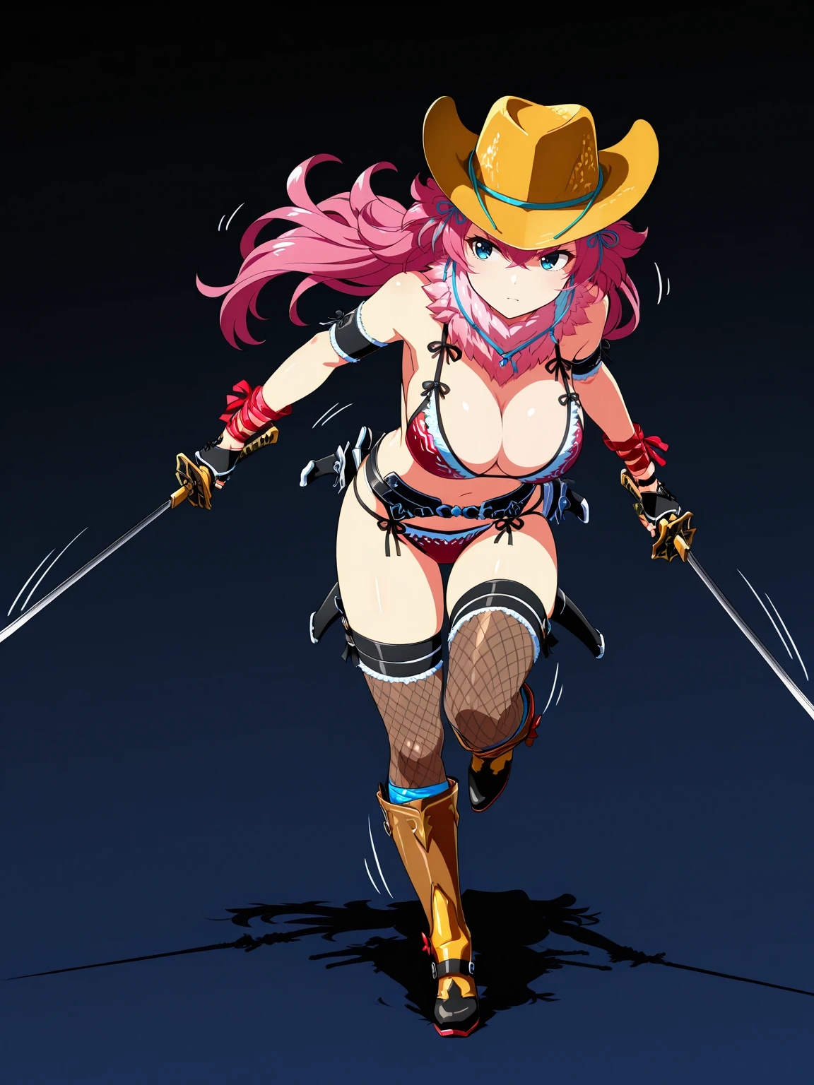 masterpiece,best quality,lineart,limited color palette,manga,thick lines,motion lines,running,
edgONCBR,cowboy hat,bikini, 1girl, solo, long hair, breasts, blue eyes, large breasts, thighhighs, gloves, hat, holding, cleavage, pink hair, boots, fingerless gloves, fishnets, dual wielding ,wearing edgONCBR,motion lines,
<lora:edgOneeChanBaraILS:1>
