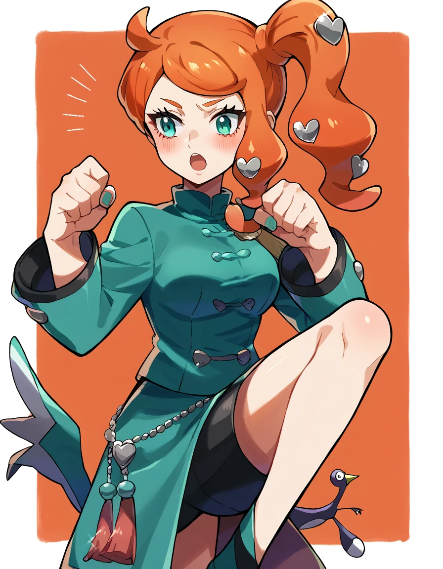 score_9, score_8_up, score_7_up, source_anime, <lora:pokemon-sonia-ponyxl-lora-nochekaiser:1> pokemonsonia, aqua eyes, heart, heart hair ornament, long hair, long sleeves, orange hair, side ponytail, swept bangs, medium breasts, <lora:crane-stance-ponyxl-lora-nochekaiser:1>, crane stance, fighting stance, closed mouth, leg up, standing, standing on one leg, looking to the side, hands up, open mouth, blush, solo, <lora:tangzhuang-ponyxl-lora-nochekaiser:1>, tangzhuang, chinese clothes, pelvinc curtain,,