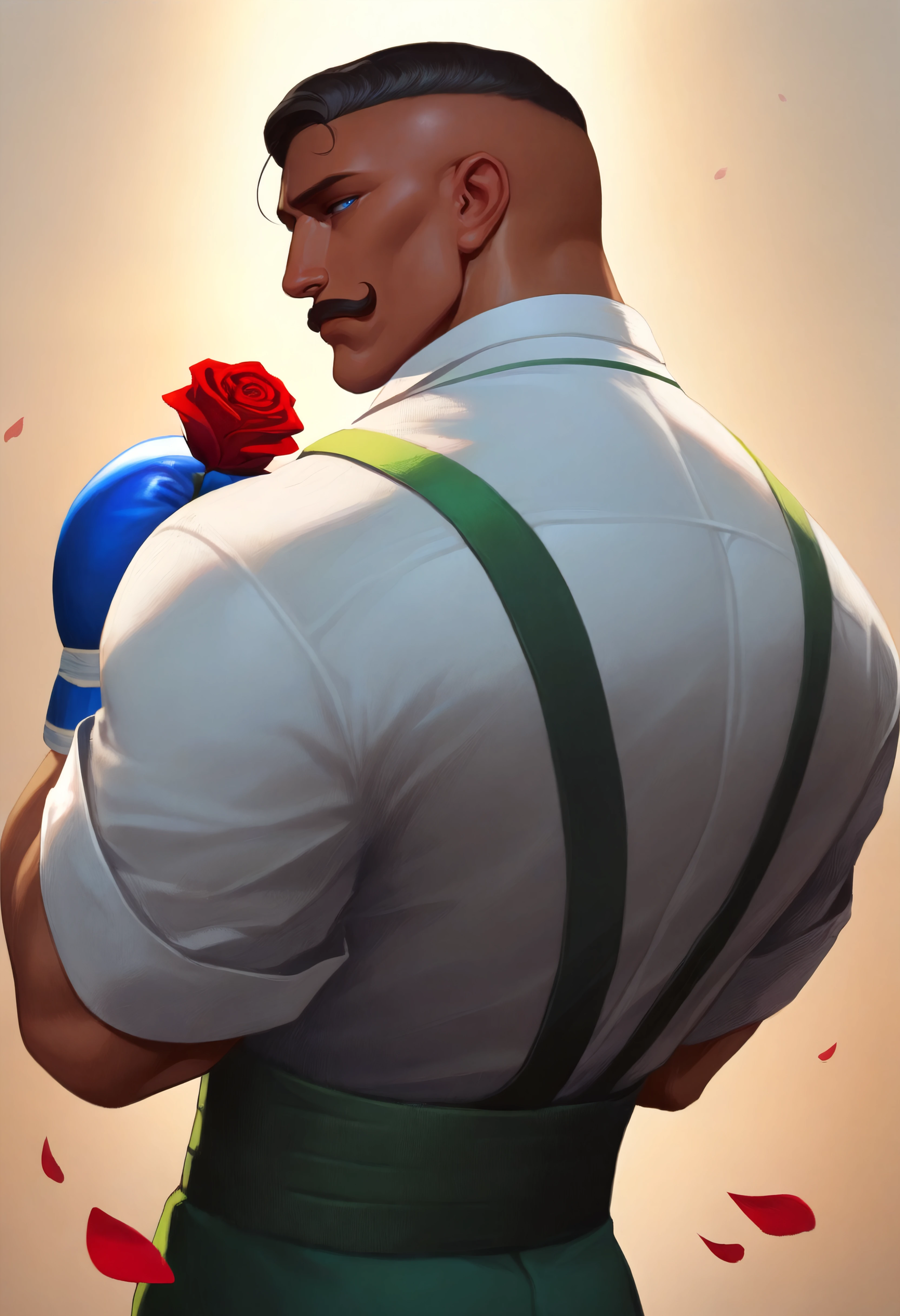 masterpiece, best quality, absurdres, 1boy, ddlyn11,mustache, dark-skinnned male, black hair, short hair, blue eyes, white shirt, collared shirt, green suspenders, blue gloves, boxing gloves,upper body,from behind,looking back,holding rose,petals <lora:ddly_n11:0.8> <lora:ickp_n11:0.8>