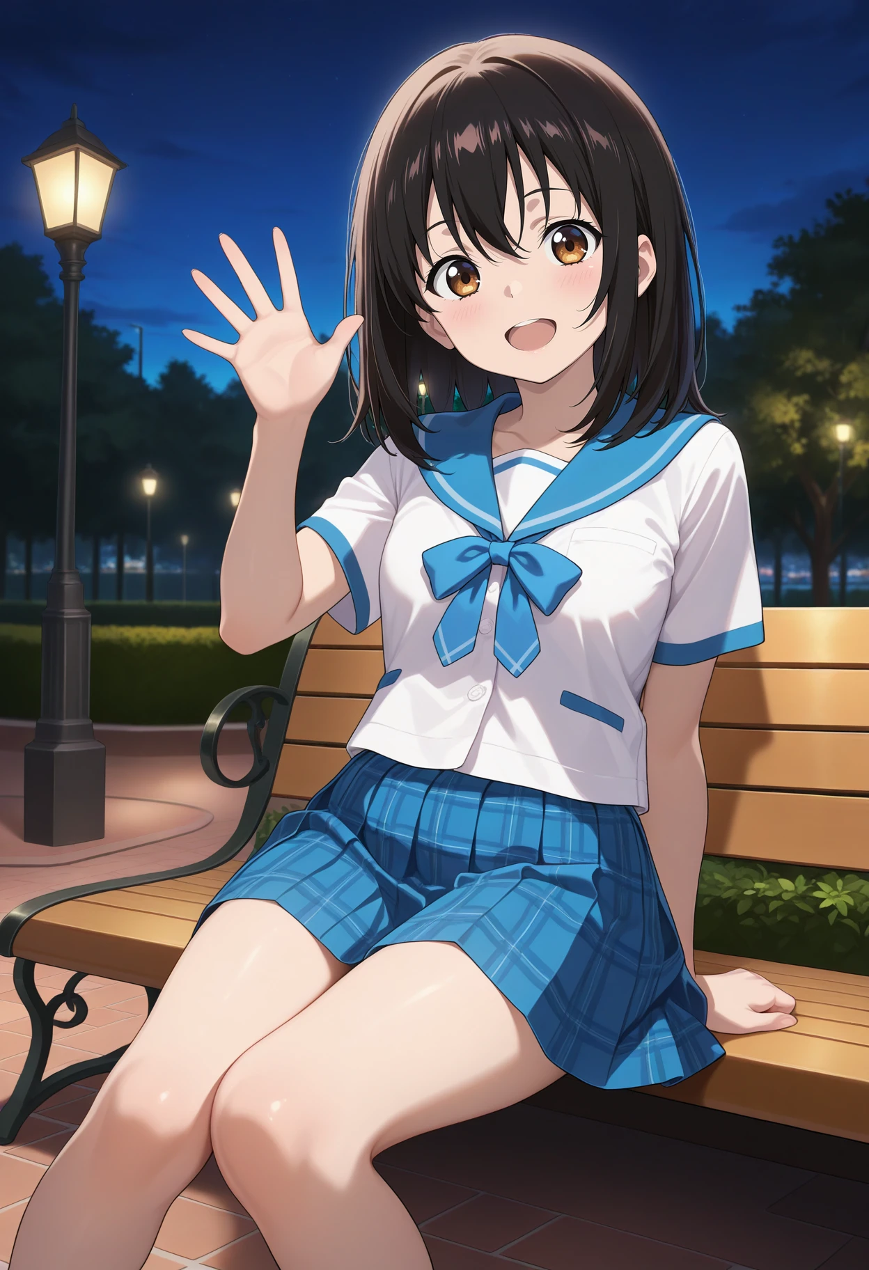 best quality, good quality, amazing quality, very aesthetic, absurdres, masterpiece, 1girl, aayukina, medium hair, black hair, brown eyes, school uniform, blue sailor collar, blue bow, white shirt, short sleeves, plaid skirt, blue skirt, <lora:himeragi_yukina_ilxl_v1:0.9>, sitting, night, park, sitting, waving, lamppost,